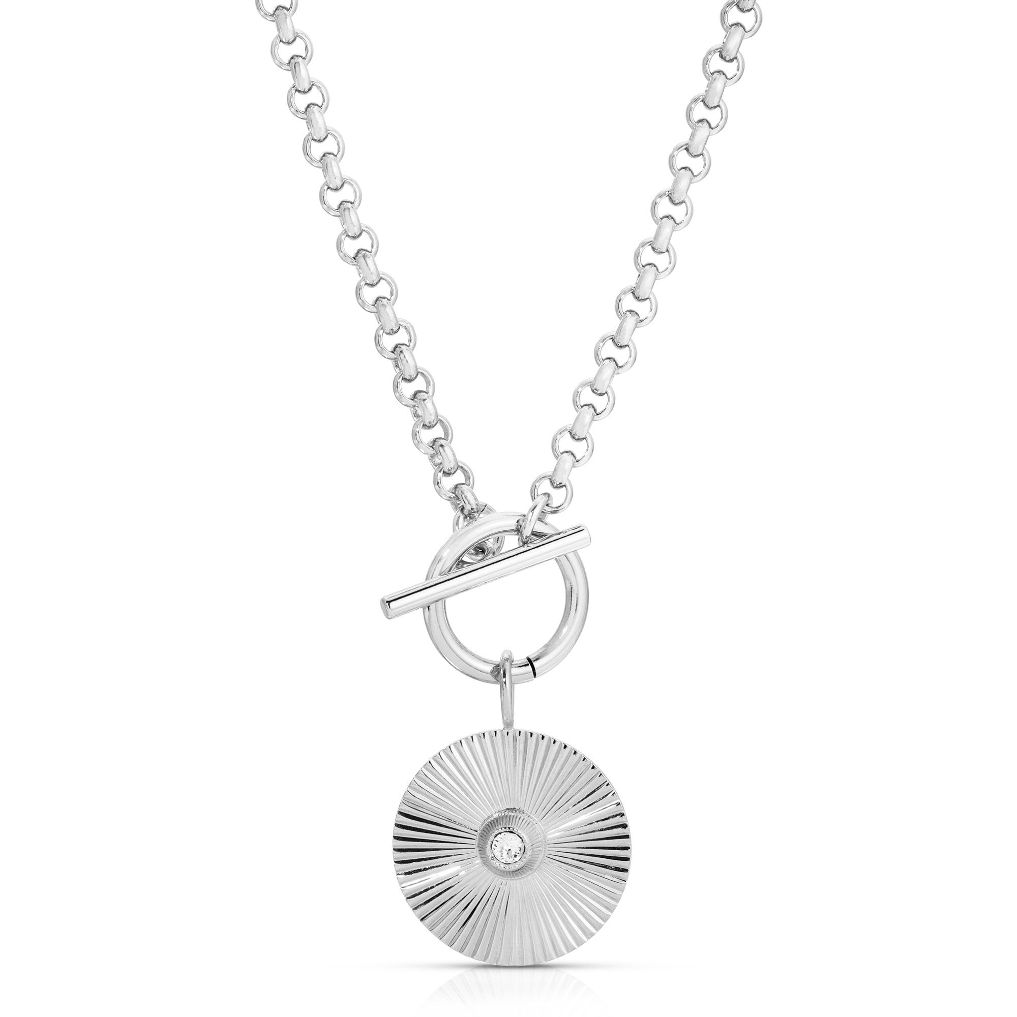 a silver necklace with a circular pendant on a chain