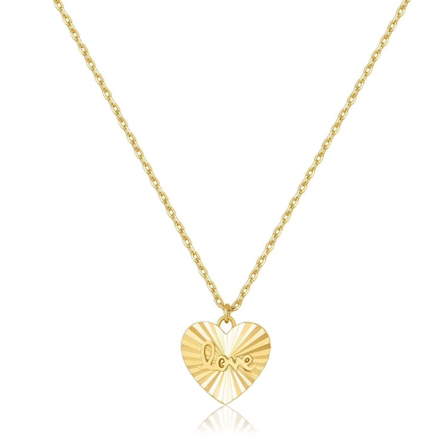 a gold heart necklace with the word love on it