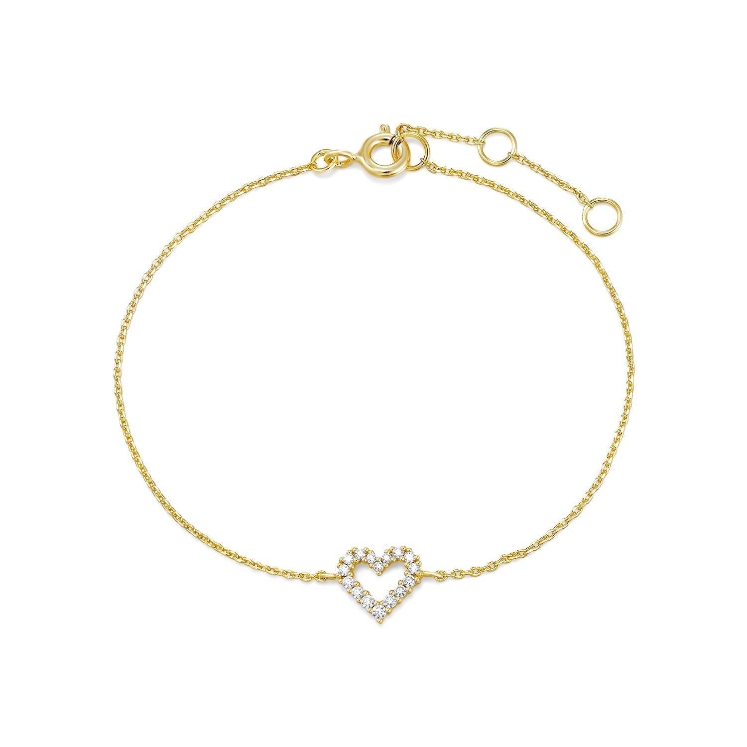 Micro Cz Heart Bracelet in 14K gold plated recycled 925 silver with CZ stones and extender, featuring a delicate heart charm.