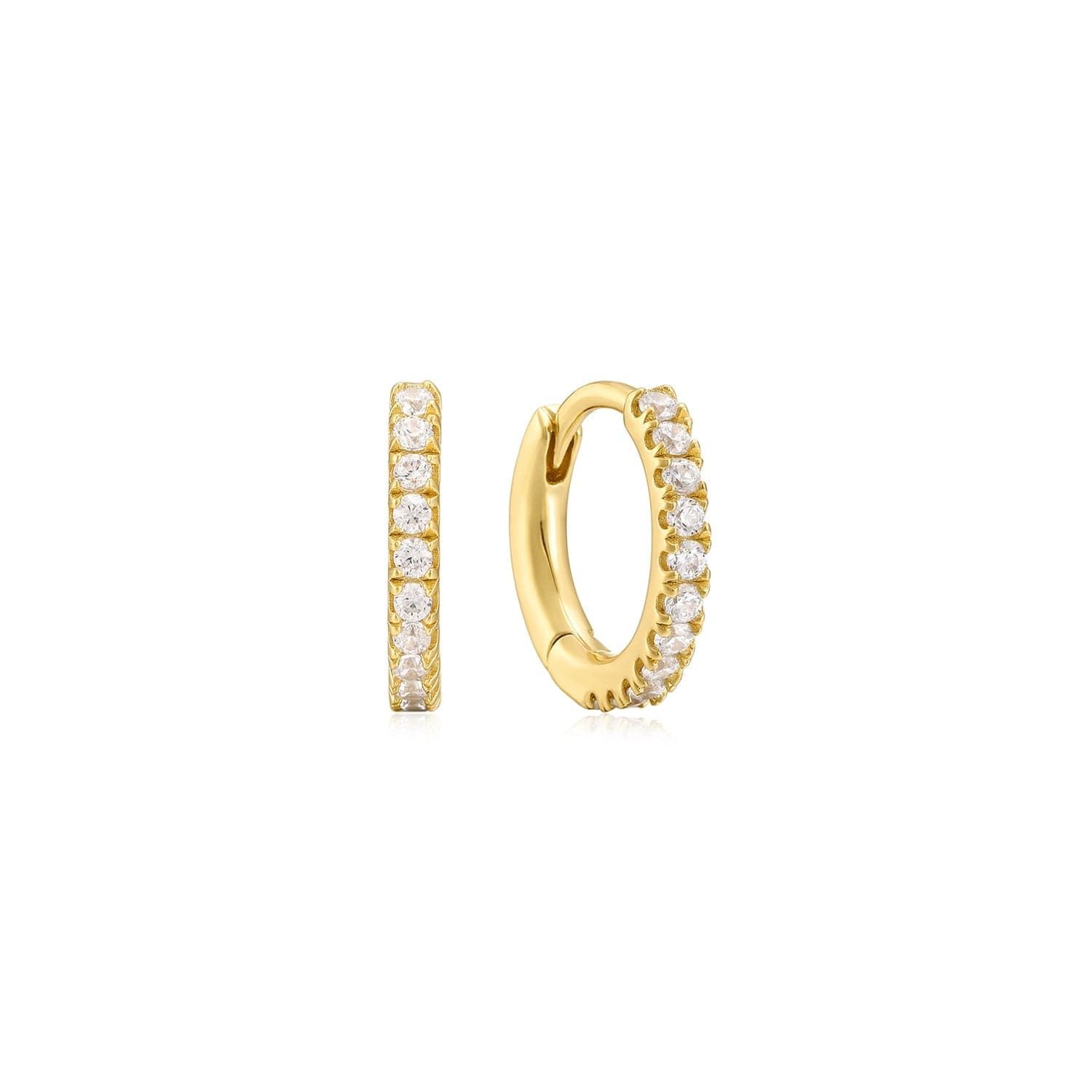 a pair of gold hoop earrings with diamonds