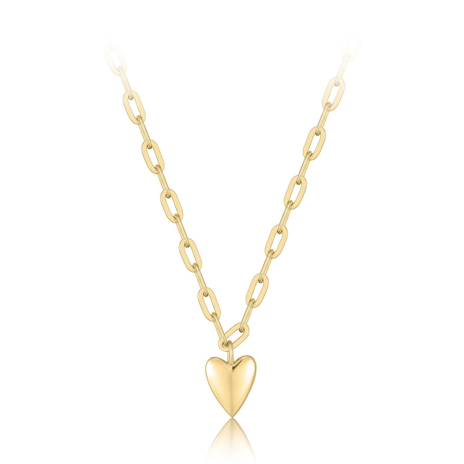 a gold heart necklace on a white background