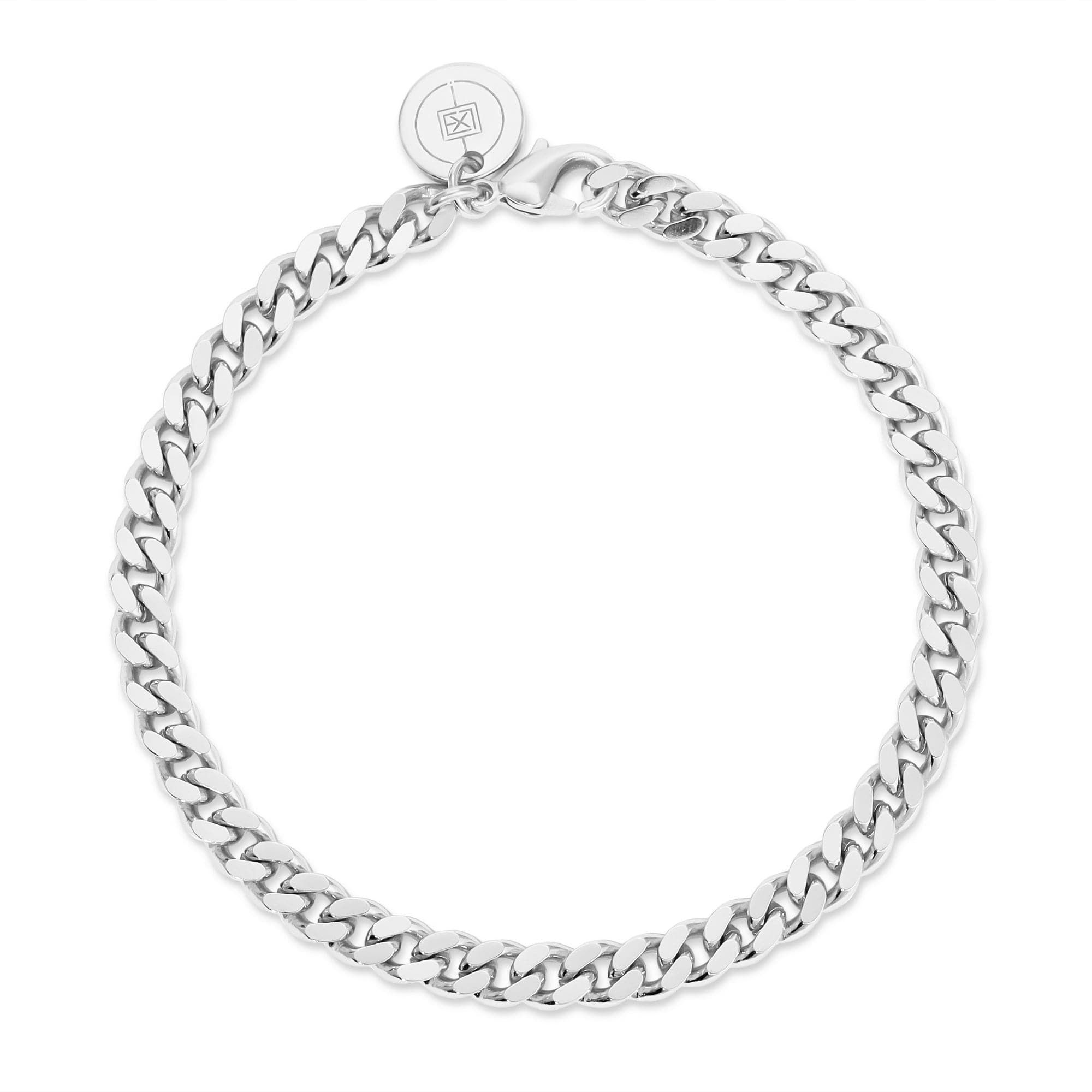 a silver chain bracelet on a white background
