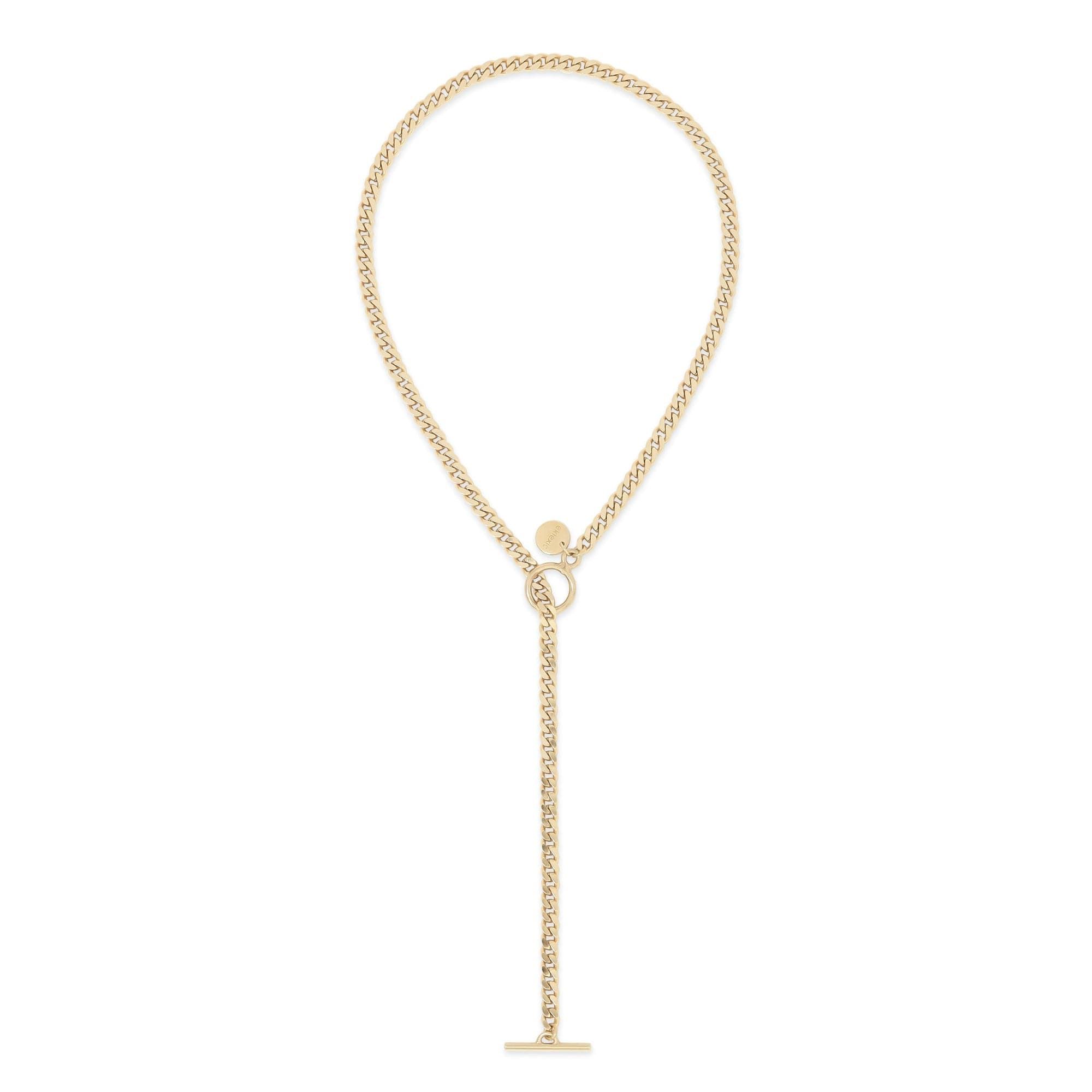 a gold necklace with a long chain