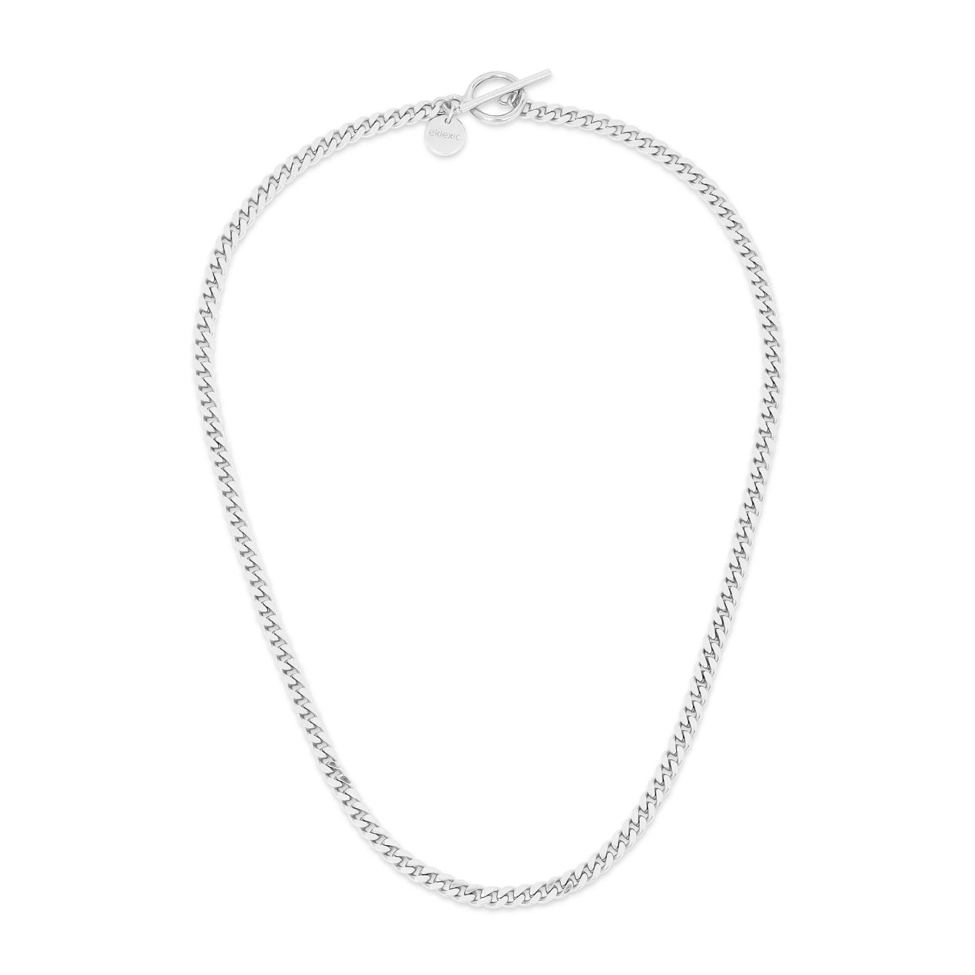 a silver chain with a clasp on a white background