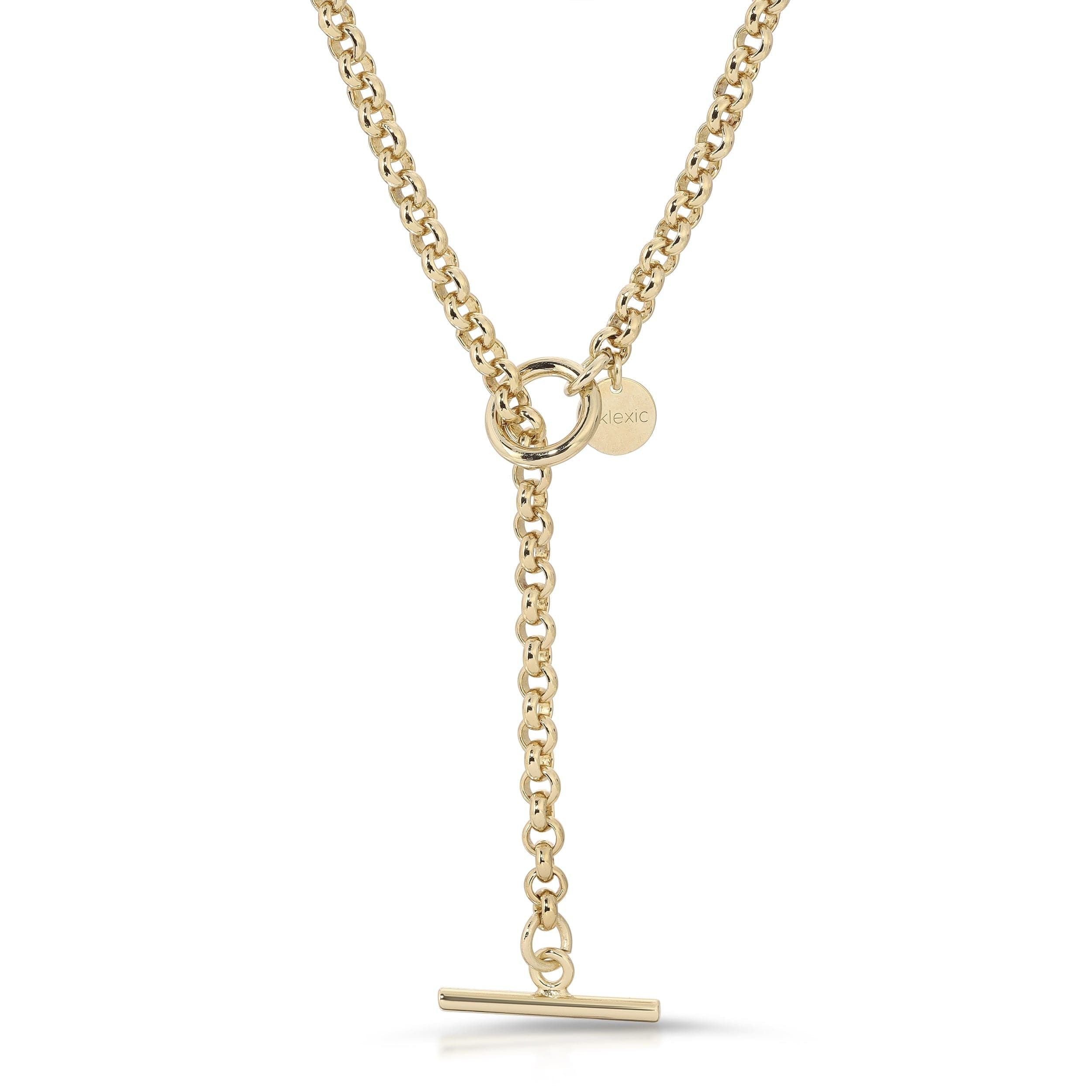 a gold necklace with a chain that has a letter on it