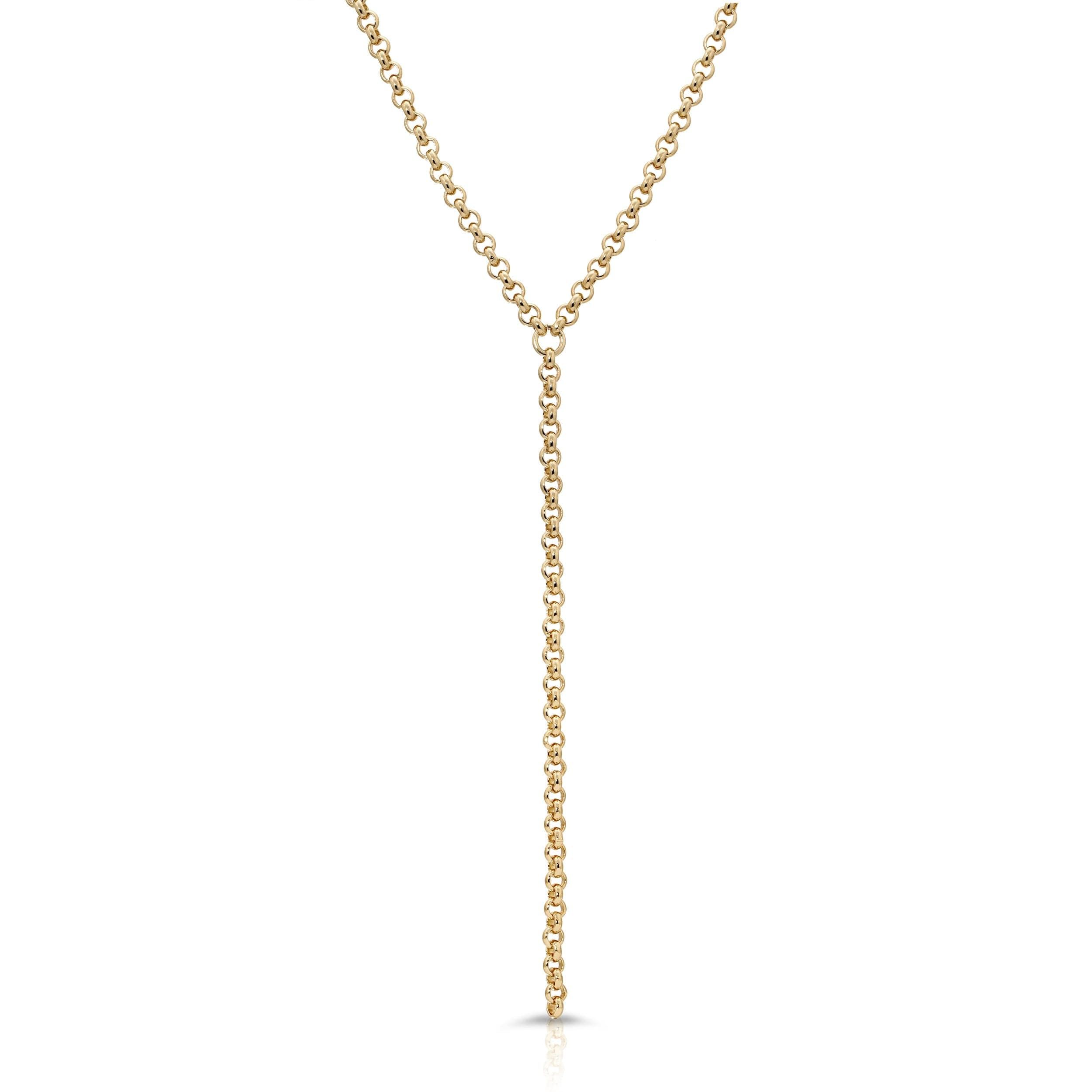 a gold necklace with a long chain