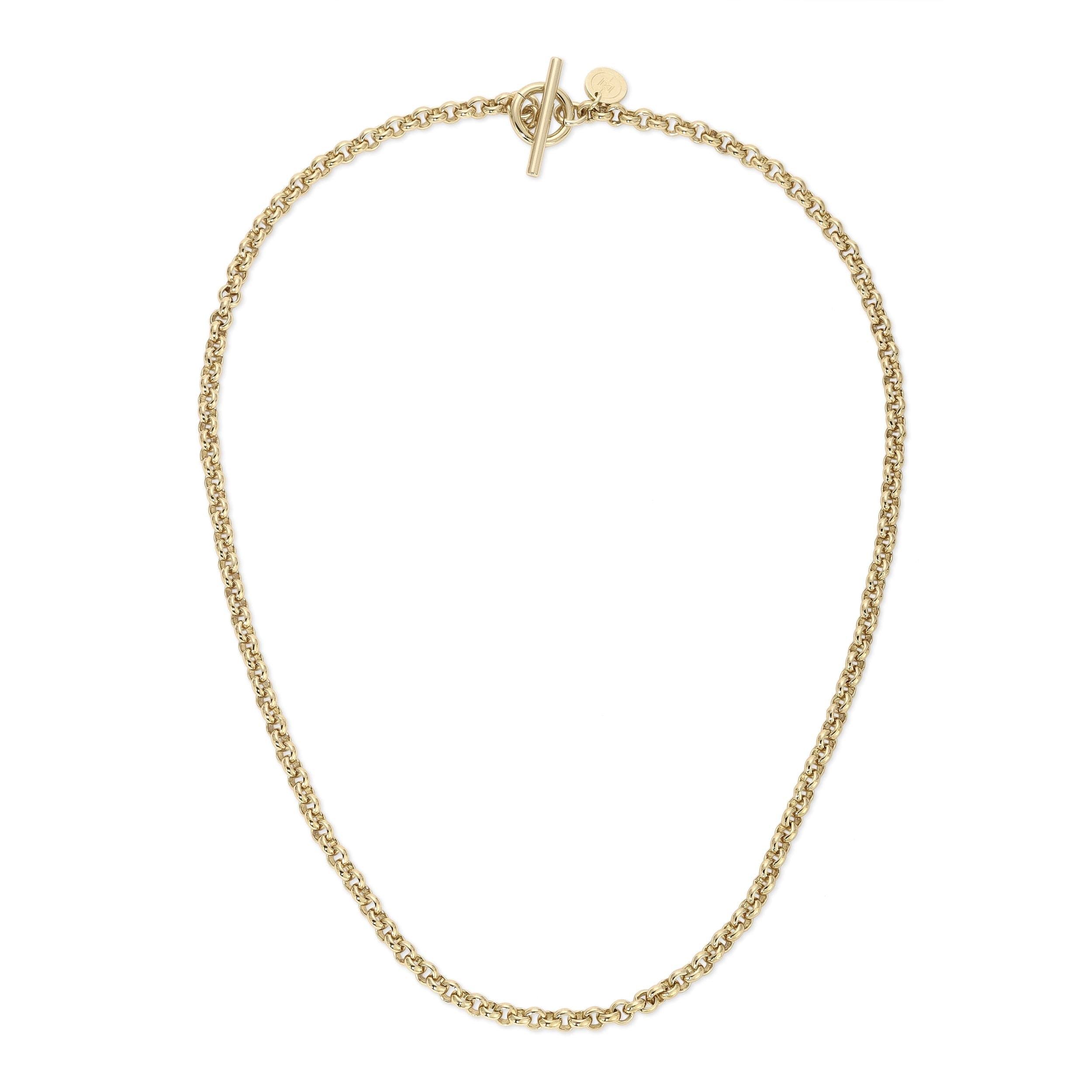 a gold chain necklace with a clasp on a white background
