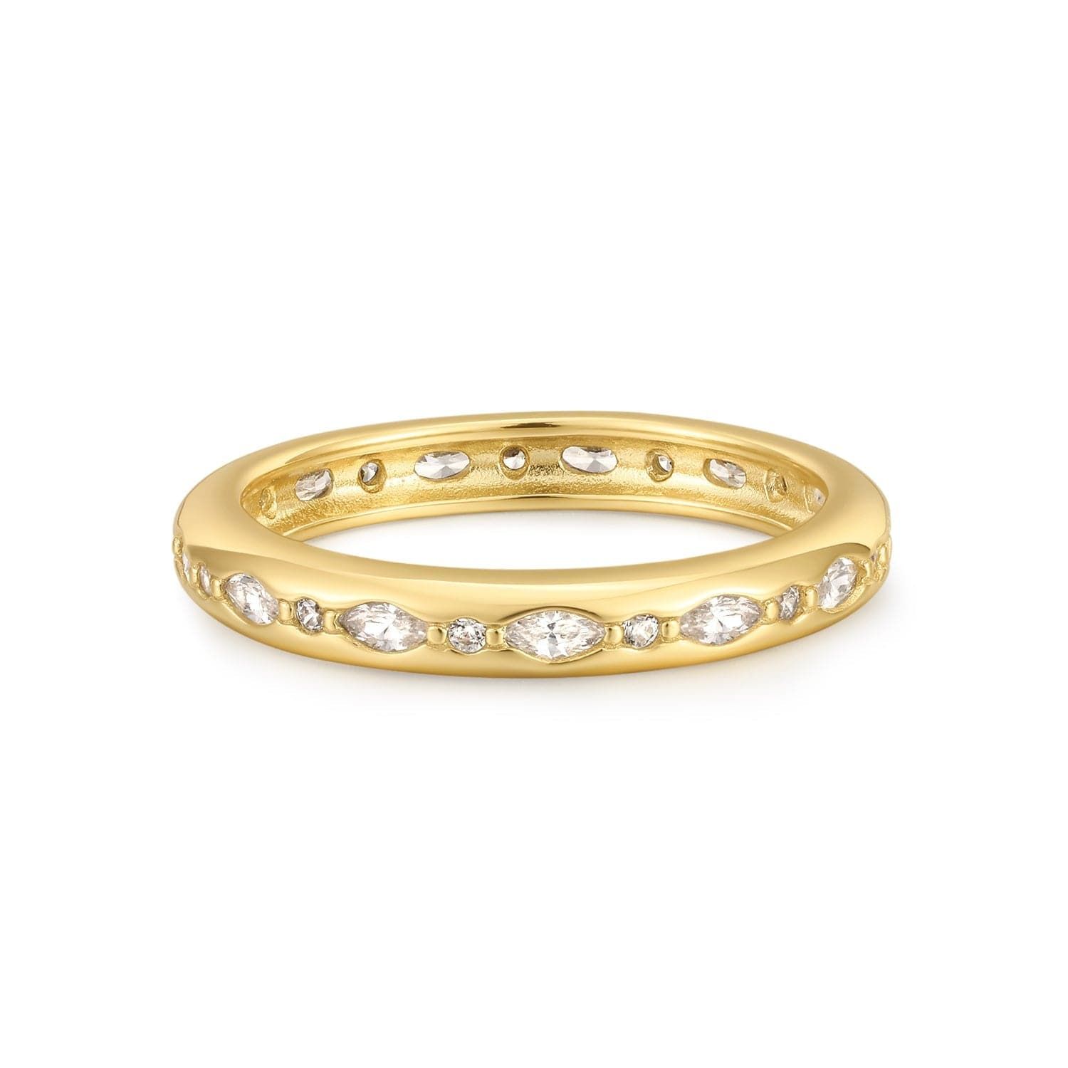 a yellow gold wedding band with white diamonds