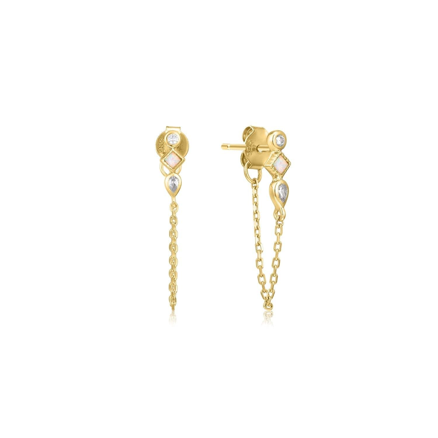 a pair of gold earrings with white stones