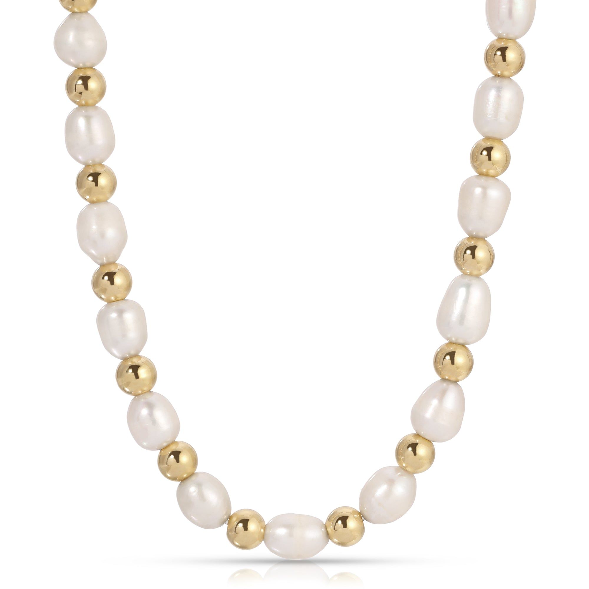 a white and gold beaded necklace on a white background