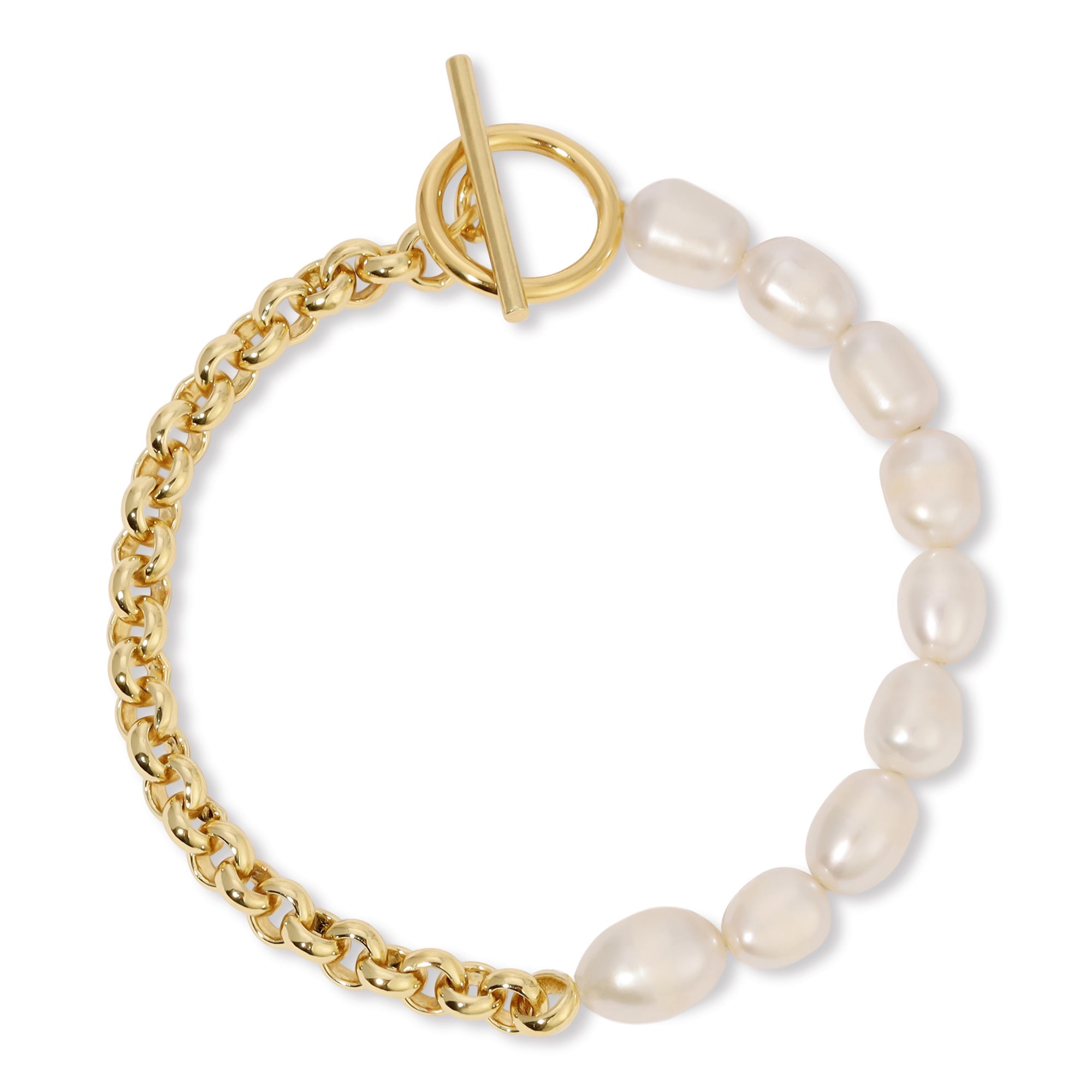 a bracelet with pearls and a gold clasp