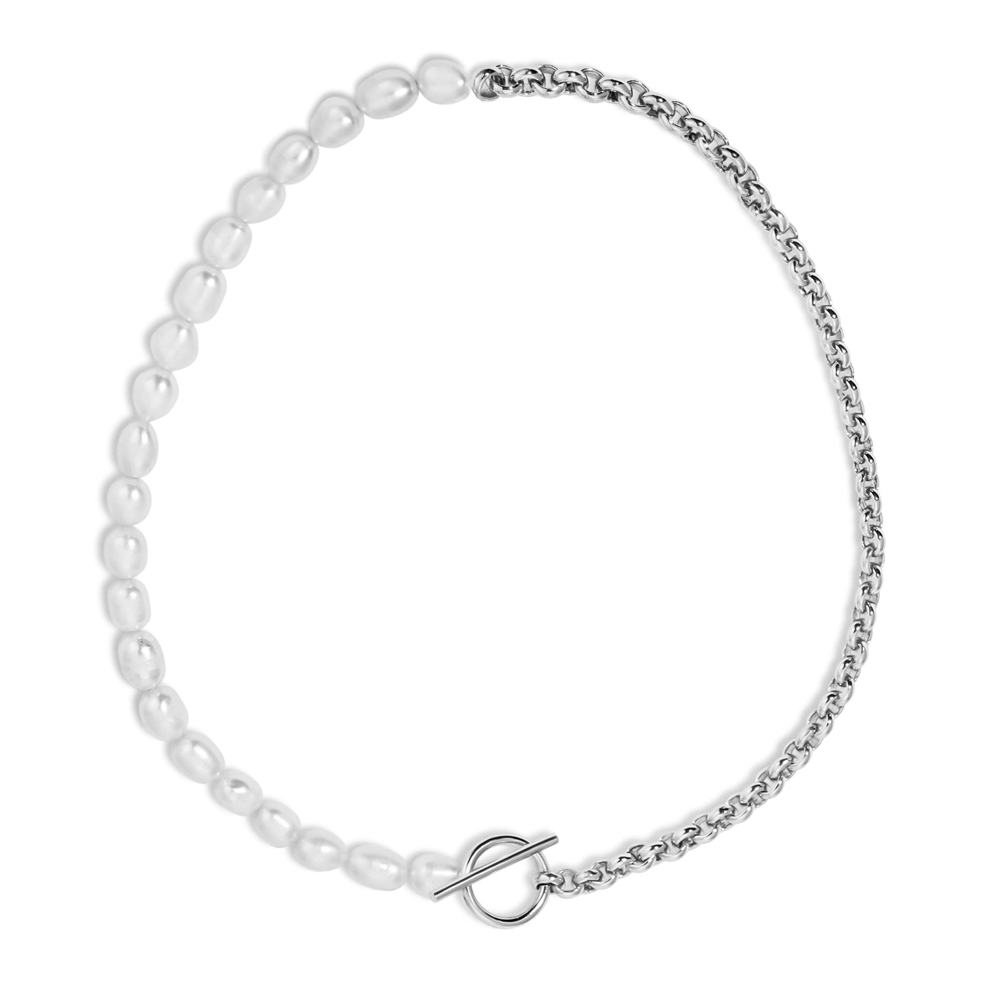 a white bracelet with a silver clasp on a white background