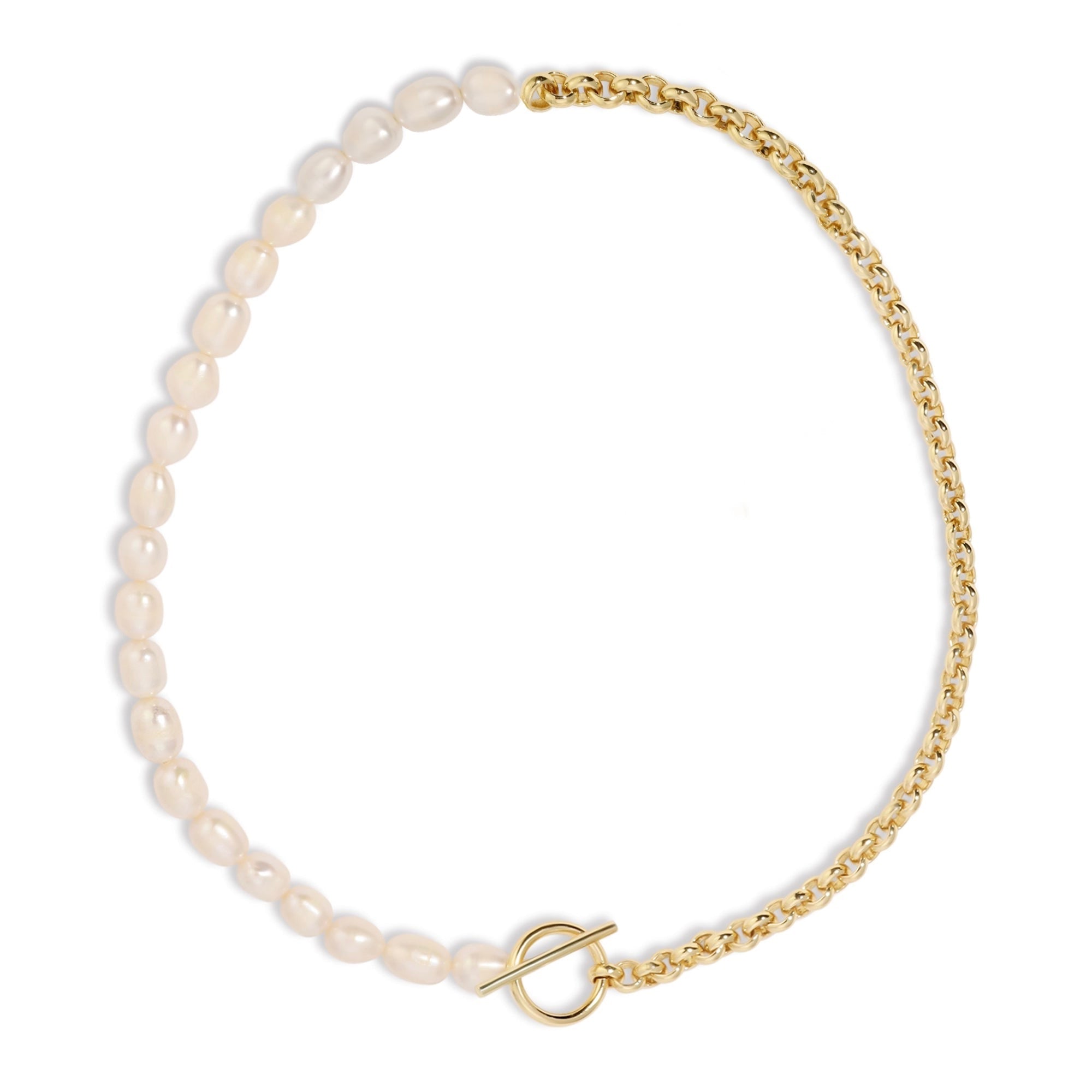 a gold chain bracelet with a circle clasp