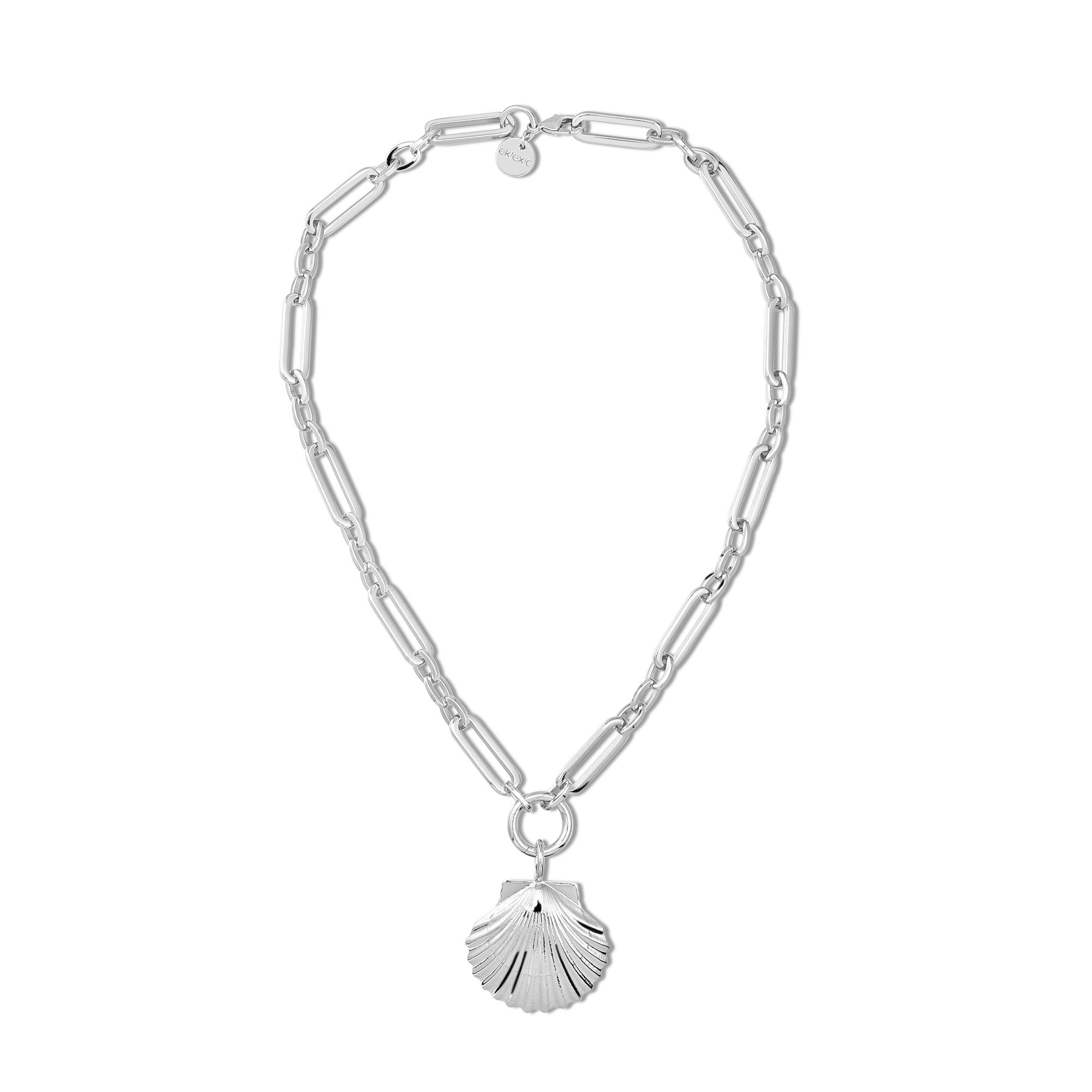 a silver necklace with a shell charm on it