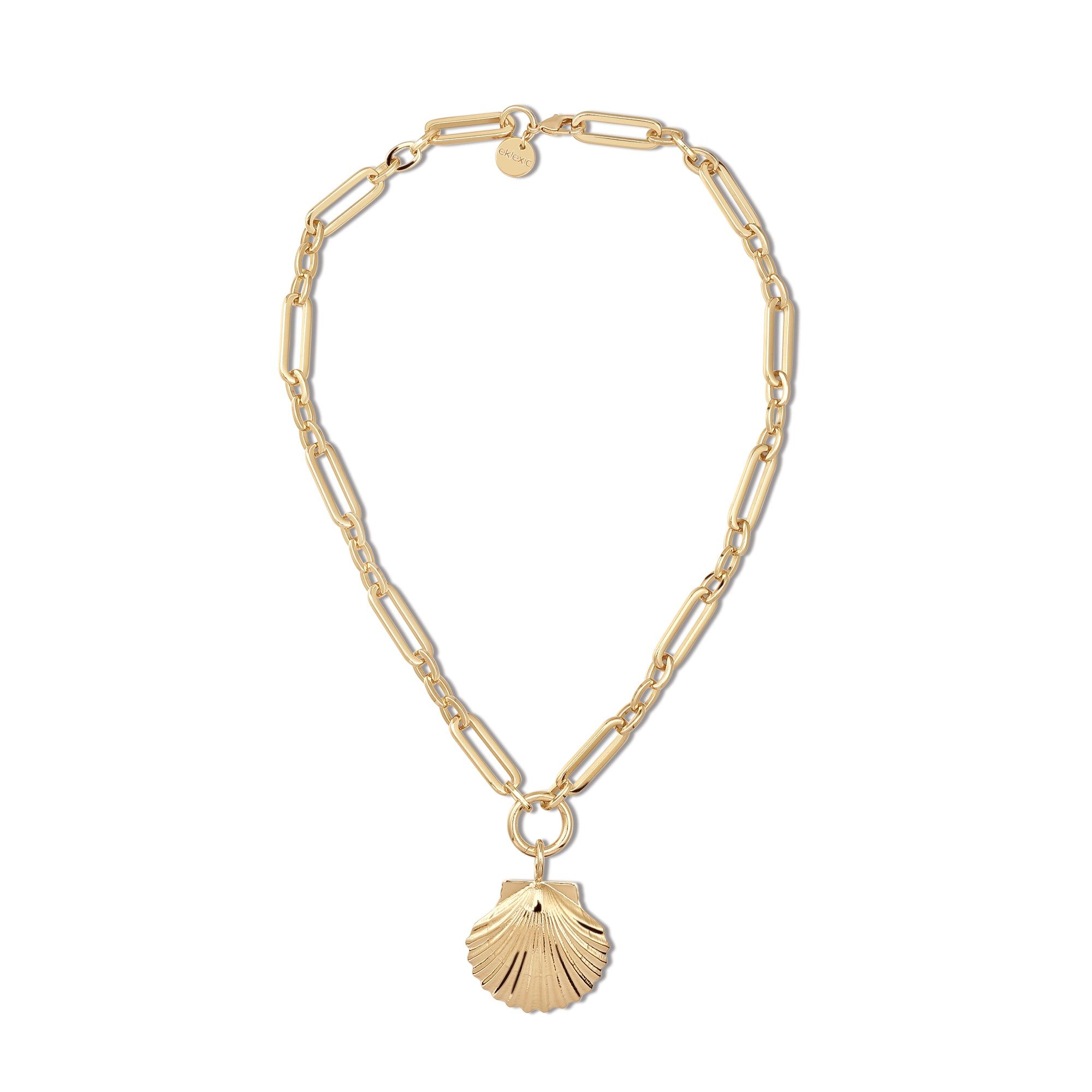 a gold necklace with a leaf charm