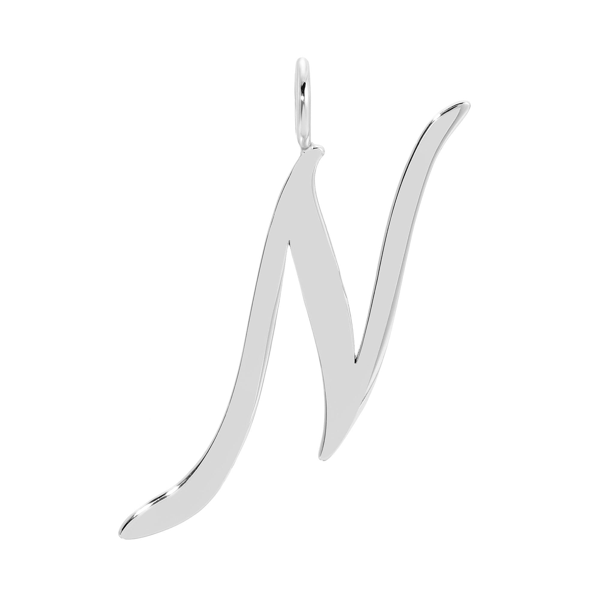 a silver pendant with the letter n on it