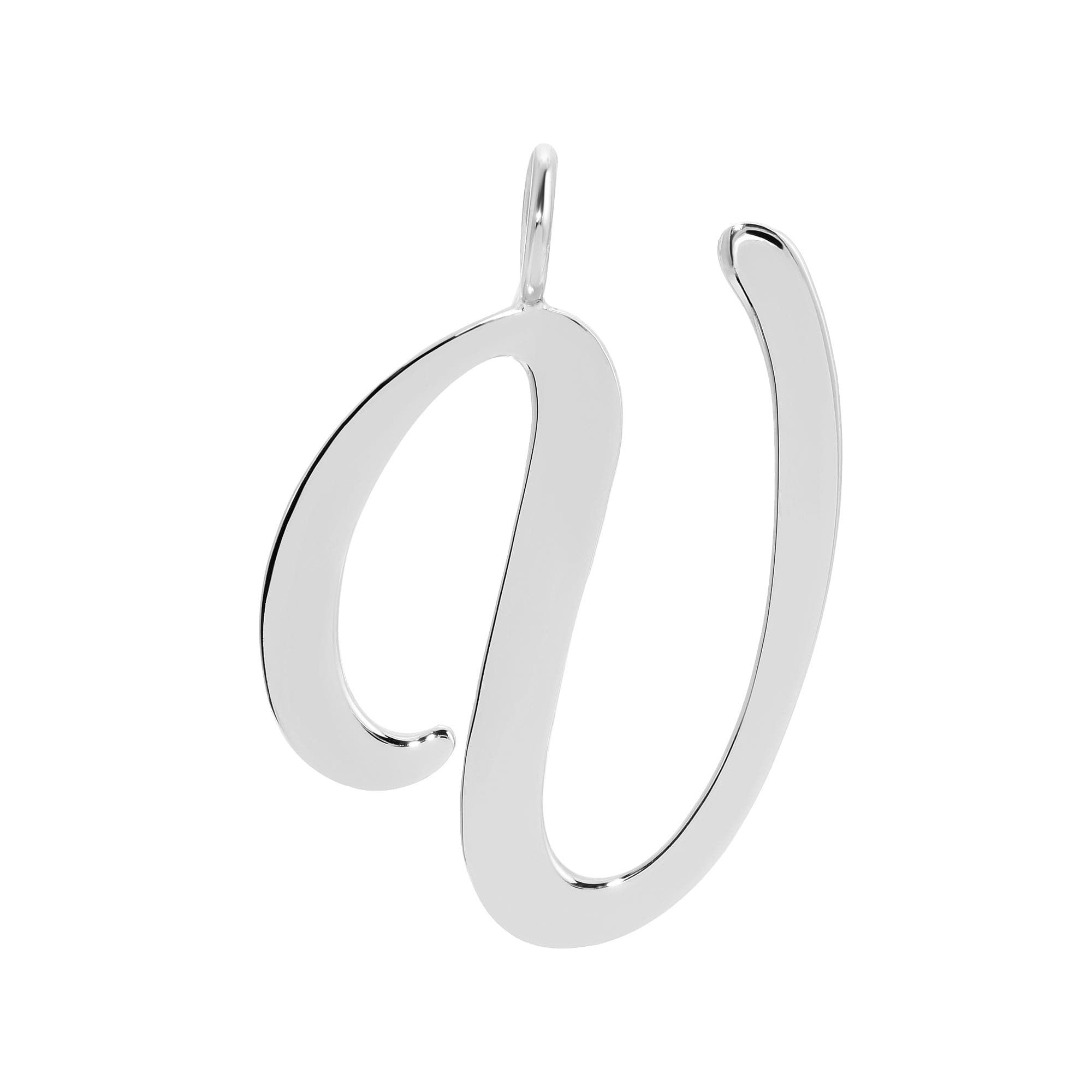 a silver pendant with the letter u on it