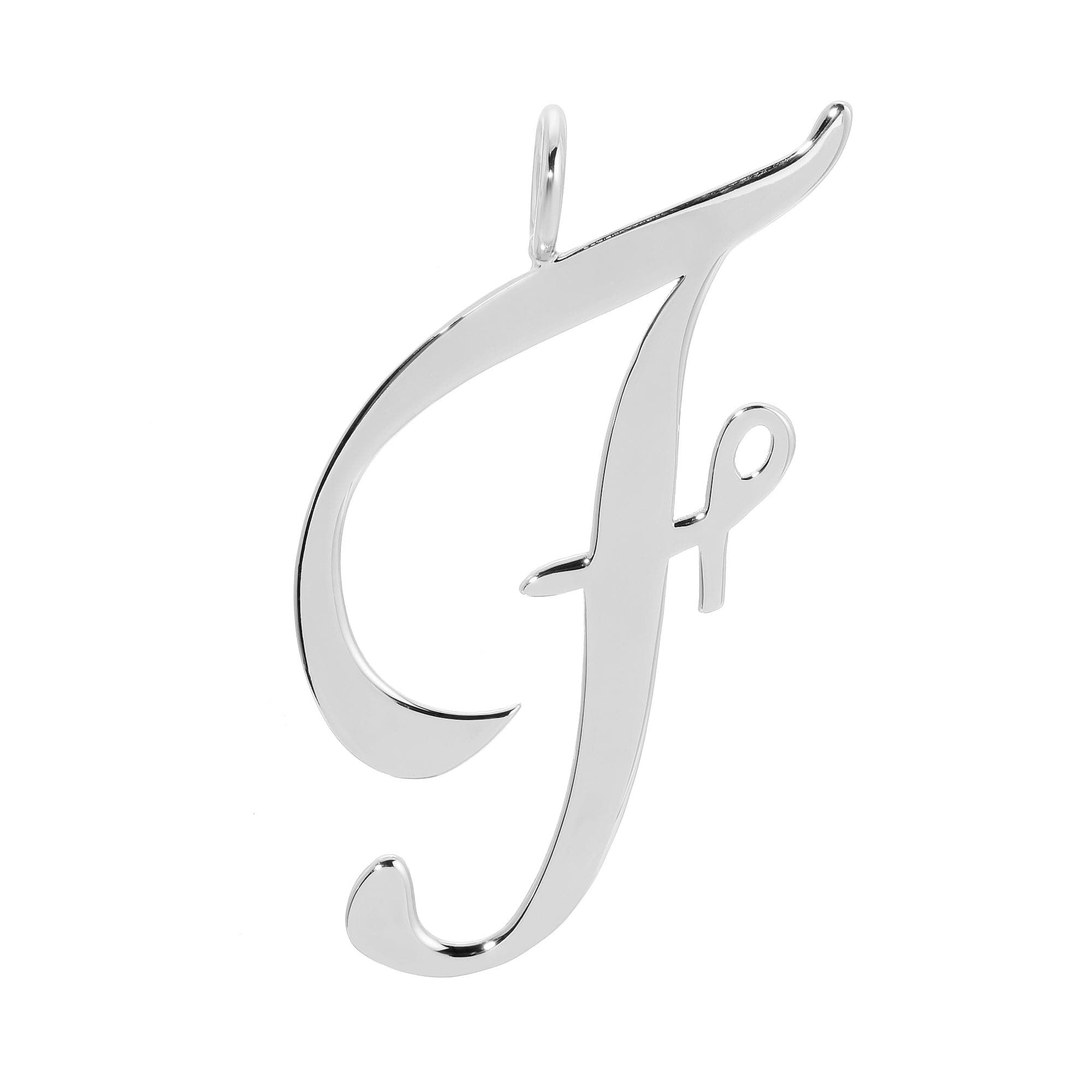 a silver pendant with the letter f on it