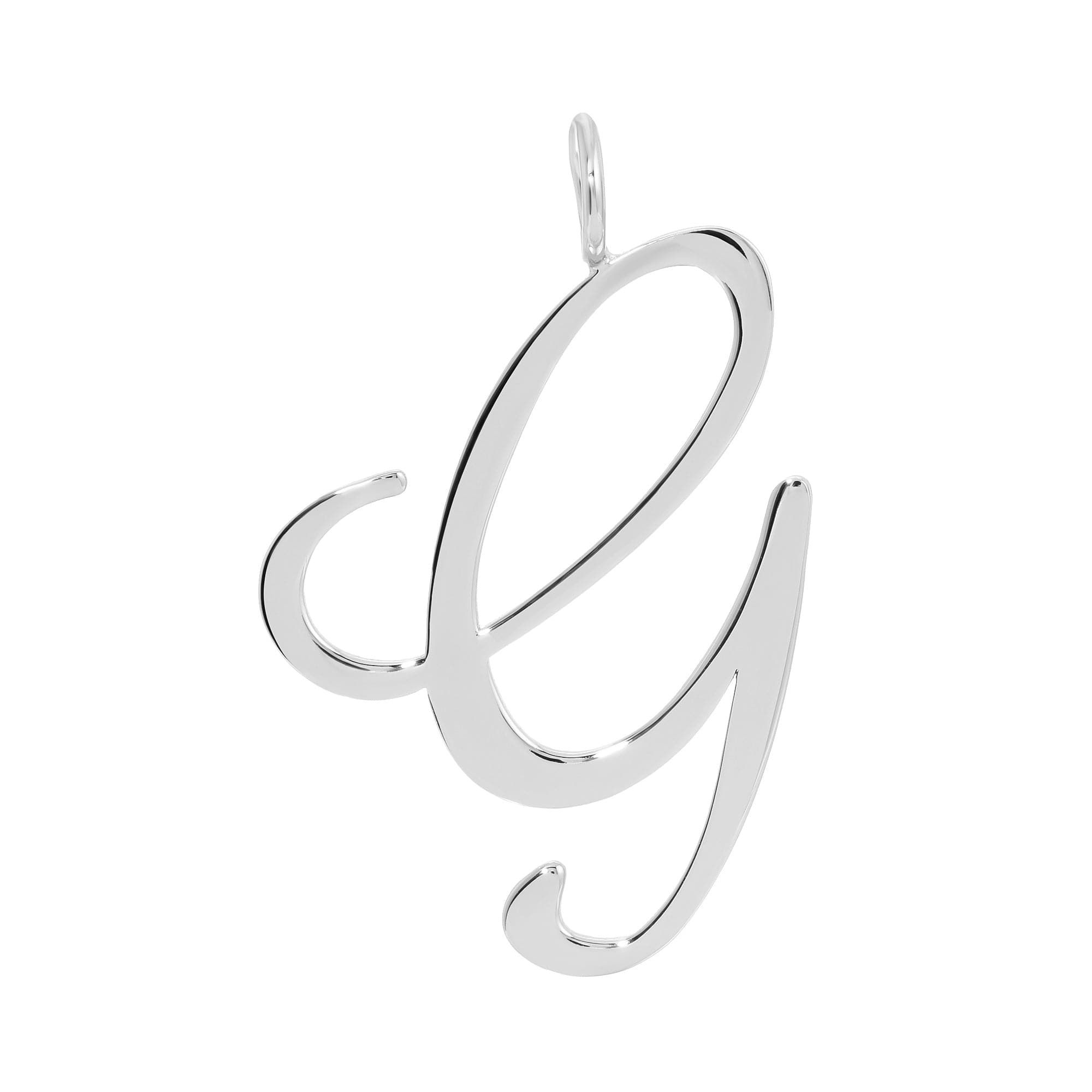 a silver pendant with the letter g on it