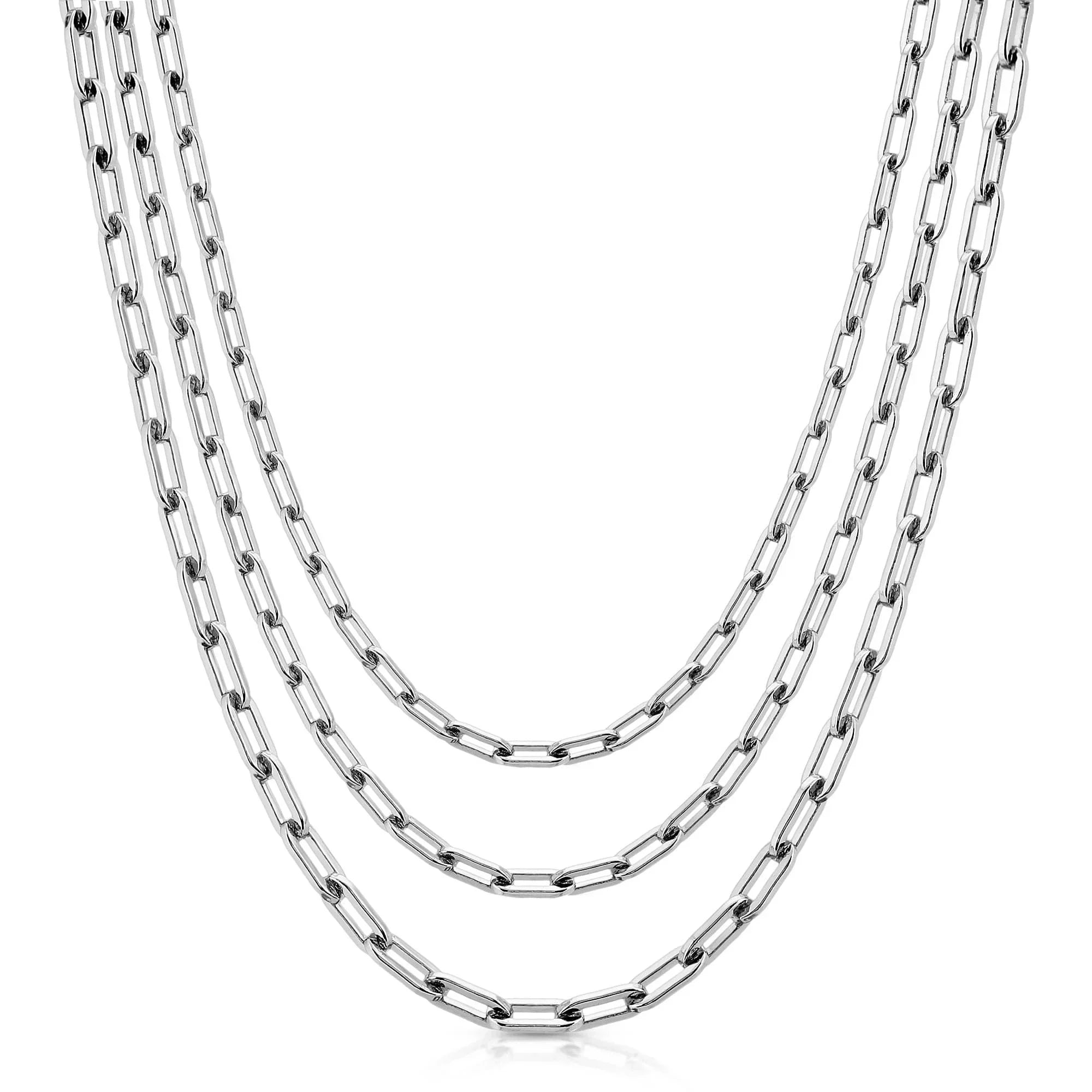 Silver triple medium link chain necklace showing shiny interconnected strands for a stylish look