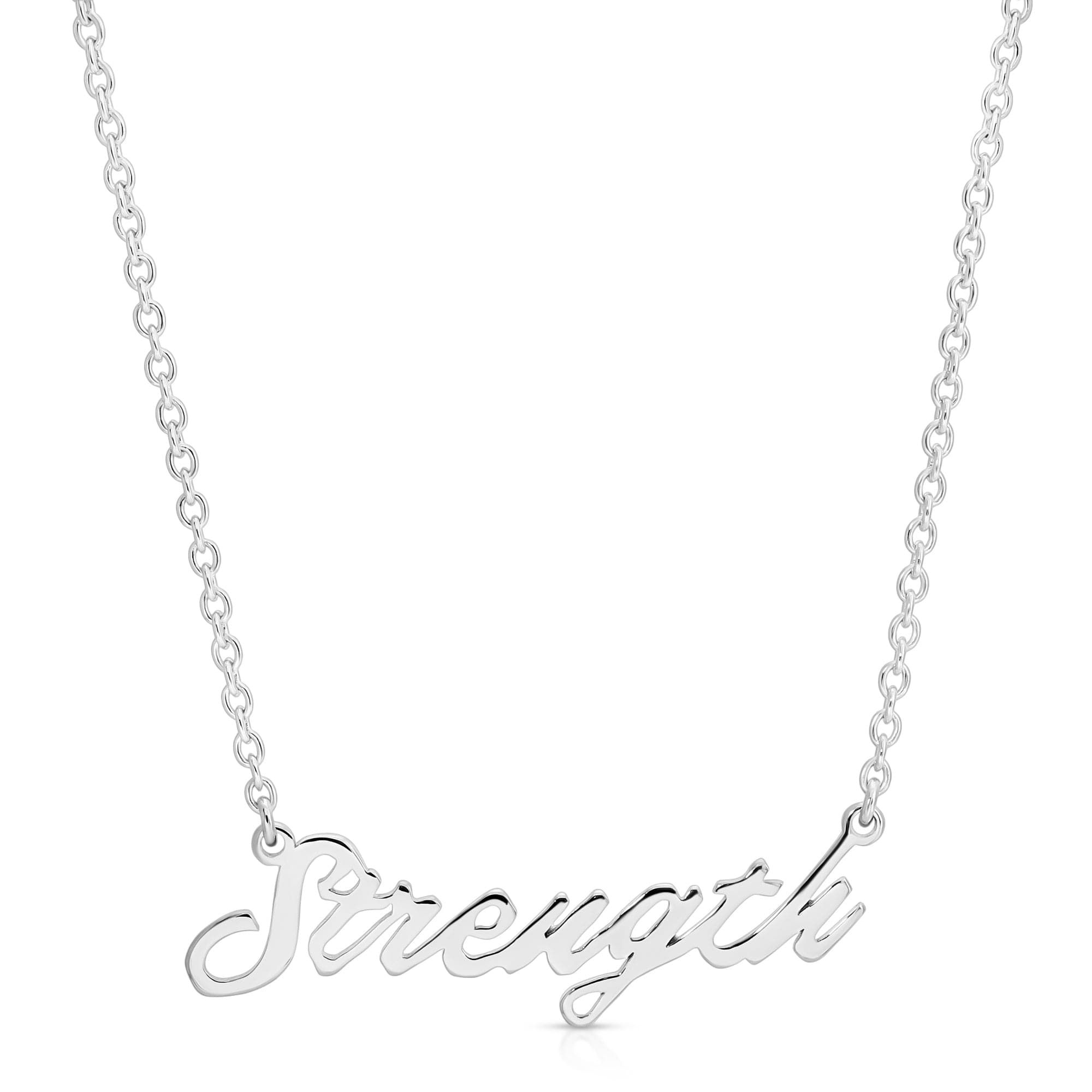 a silver necklace with the word strength on it