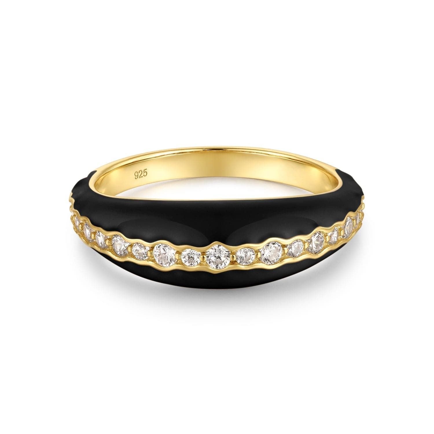 a black and gold ring with diamonds