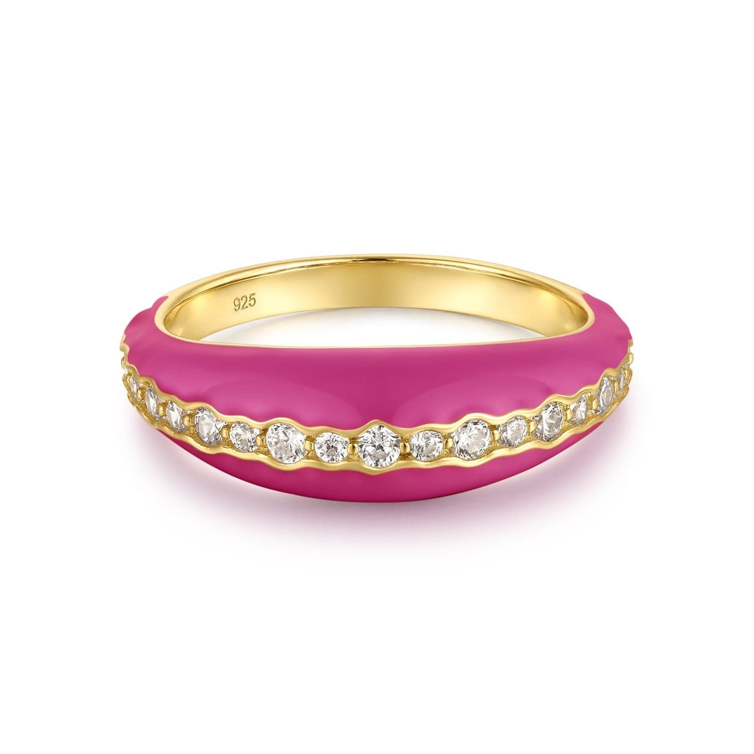 a pink and gold ring with diamonds on it