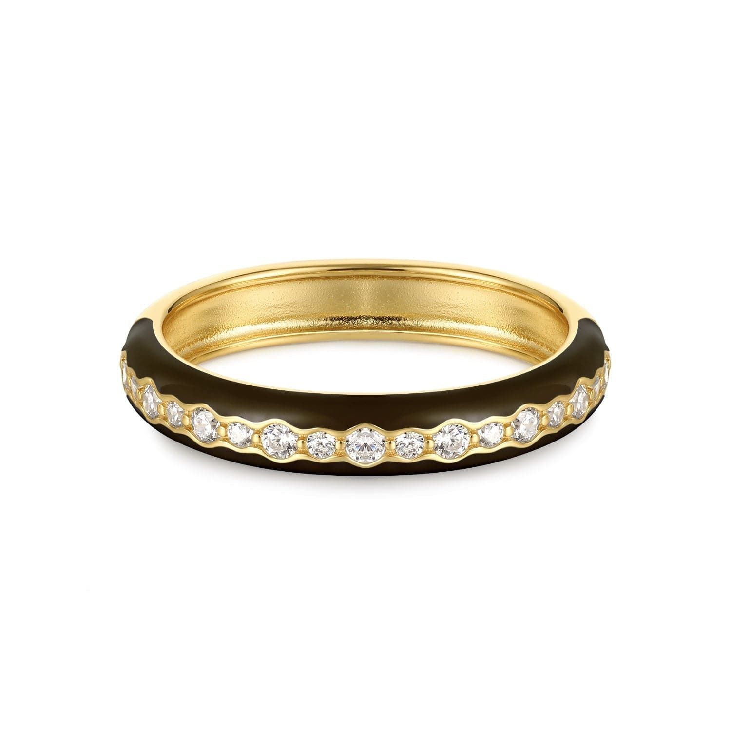 a black and gold ring with diamonds