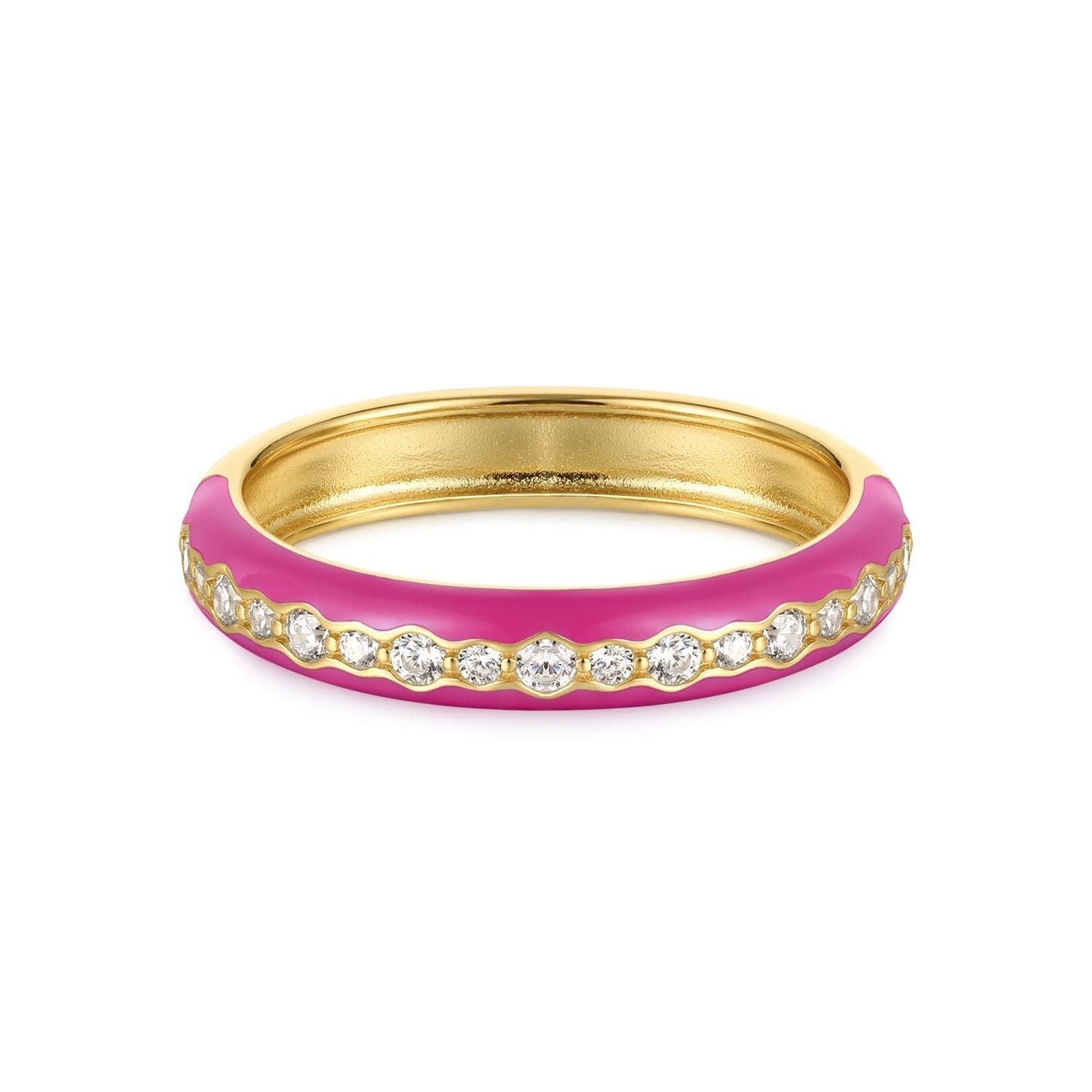 a pink and gold ring with diamonds on it