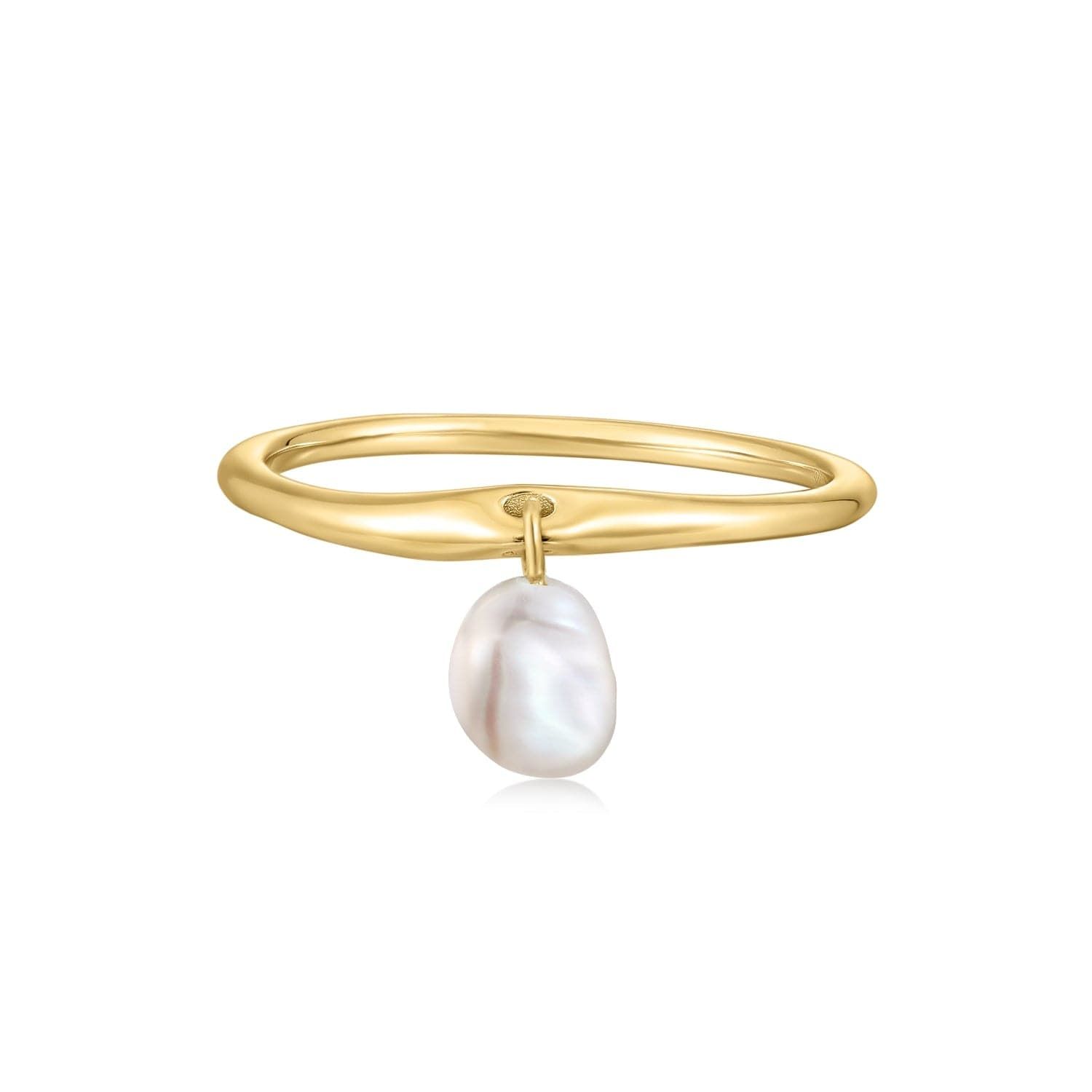 a gold ring with a white pearl