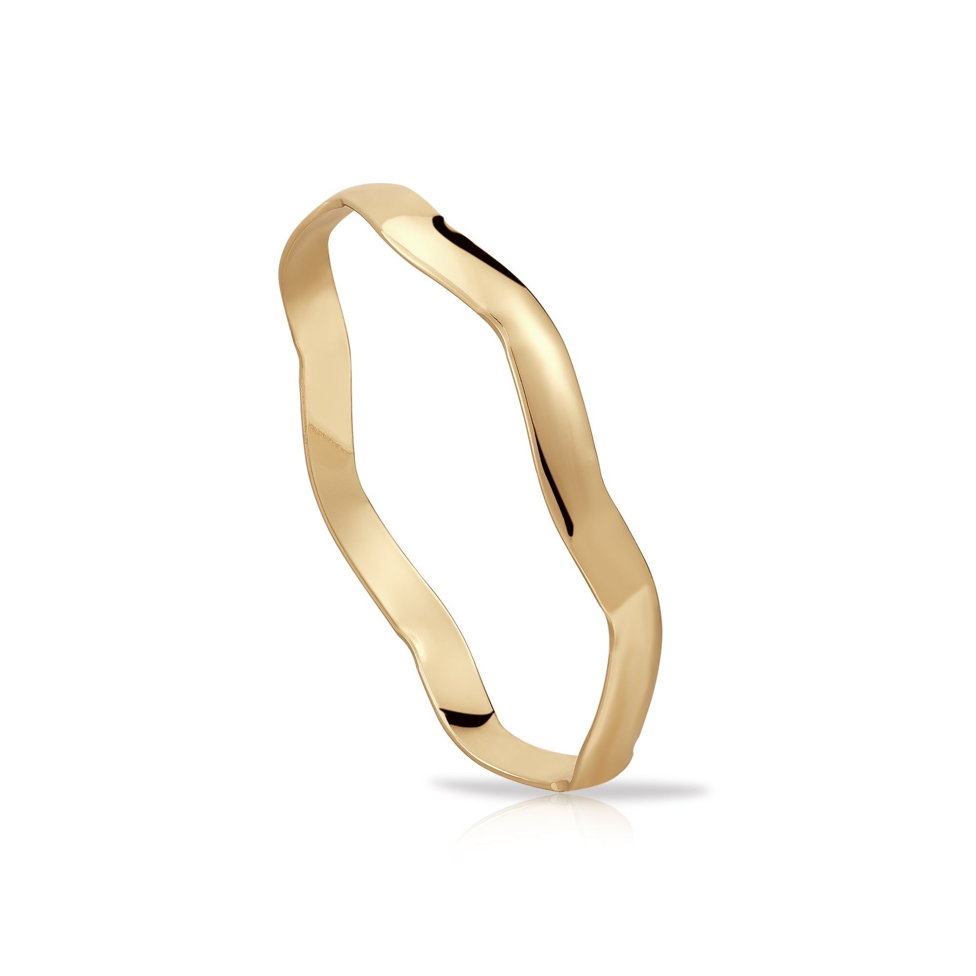 a gold ring with curved edges on a white background