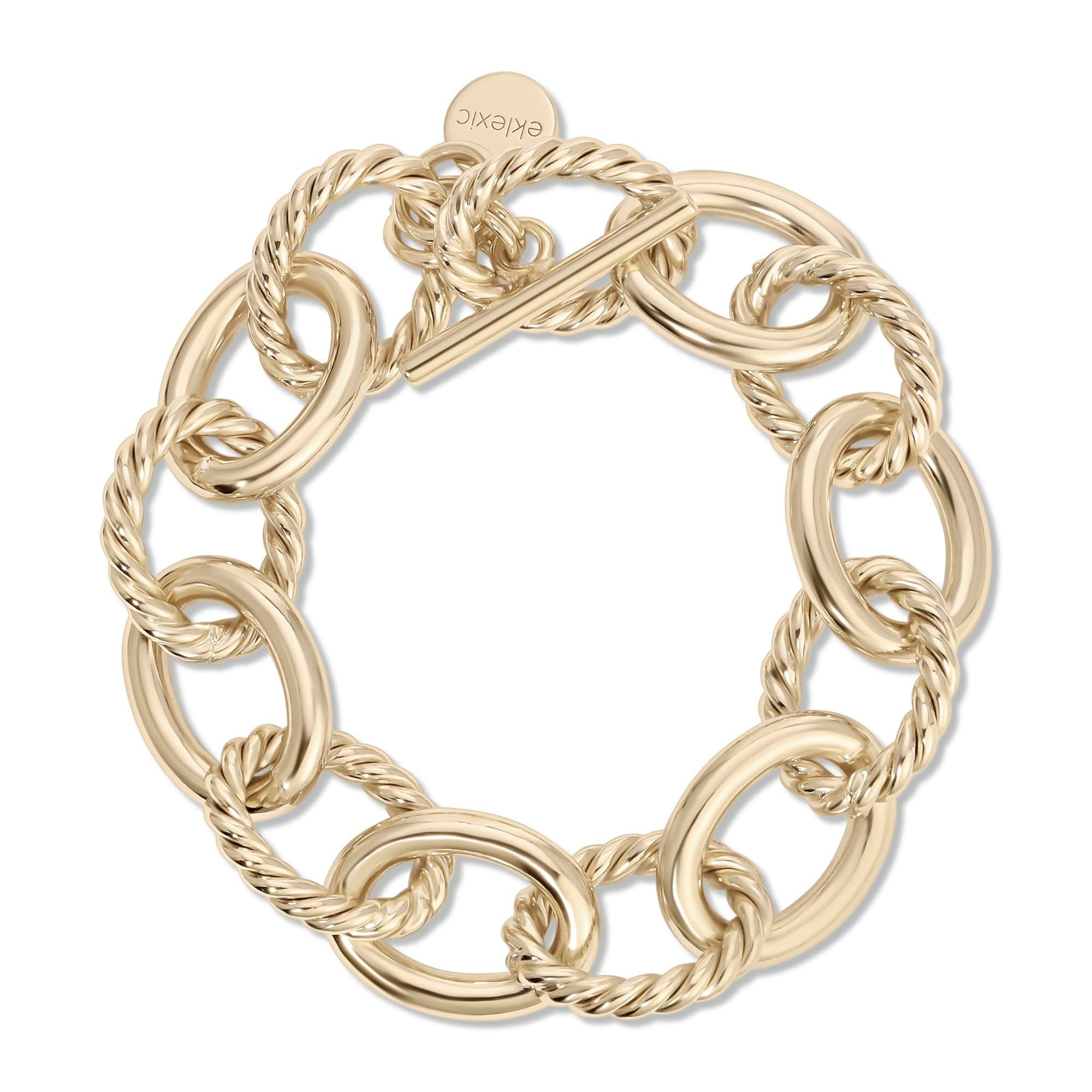 a gold chain bracelet on a white background