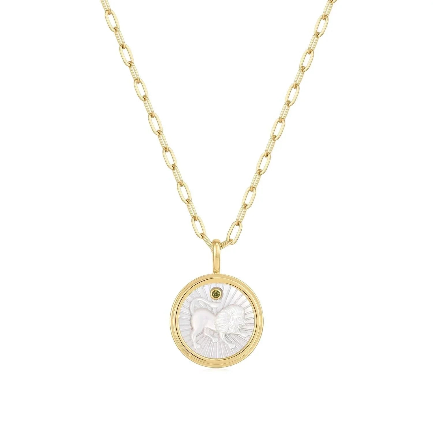Gold chain necklace with Zodiac Leo pendant and Mother of Pearl details