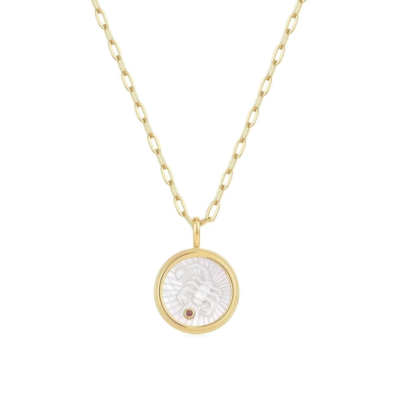 Gold chain necklace with a Mother of Pearl Scorpio pendant perfect for zodiac lovers