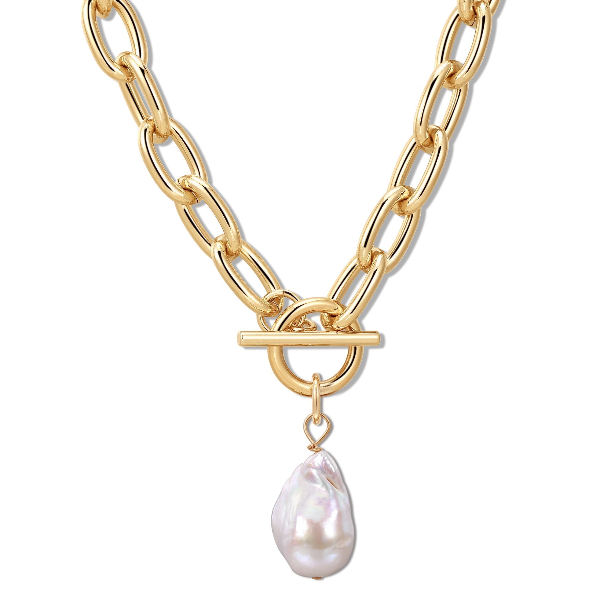 Gold chain necklace featuring Alana XL Baroque Pearl Pendant with baroque freshwater pearl