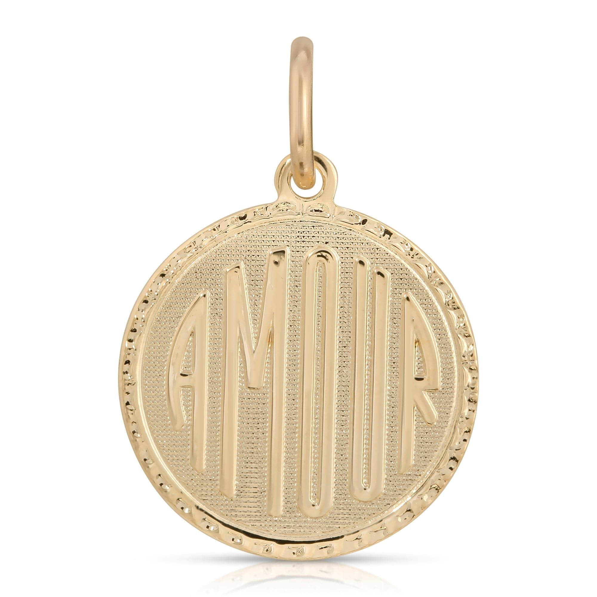 Gold AMOUR pendant on Anabelle Charm, crafted from recycled brass plated material