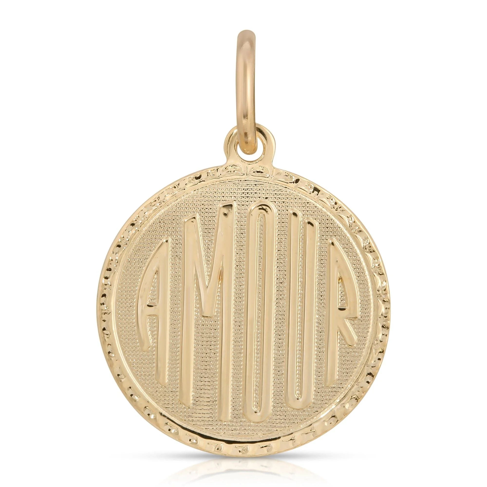 Anabelle Charm Gold Amour pendant with recycled brass plating showcasing the word reads amour