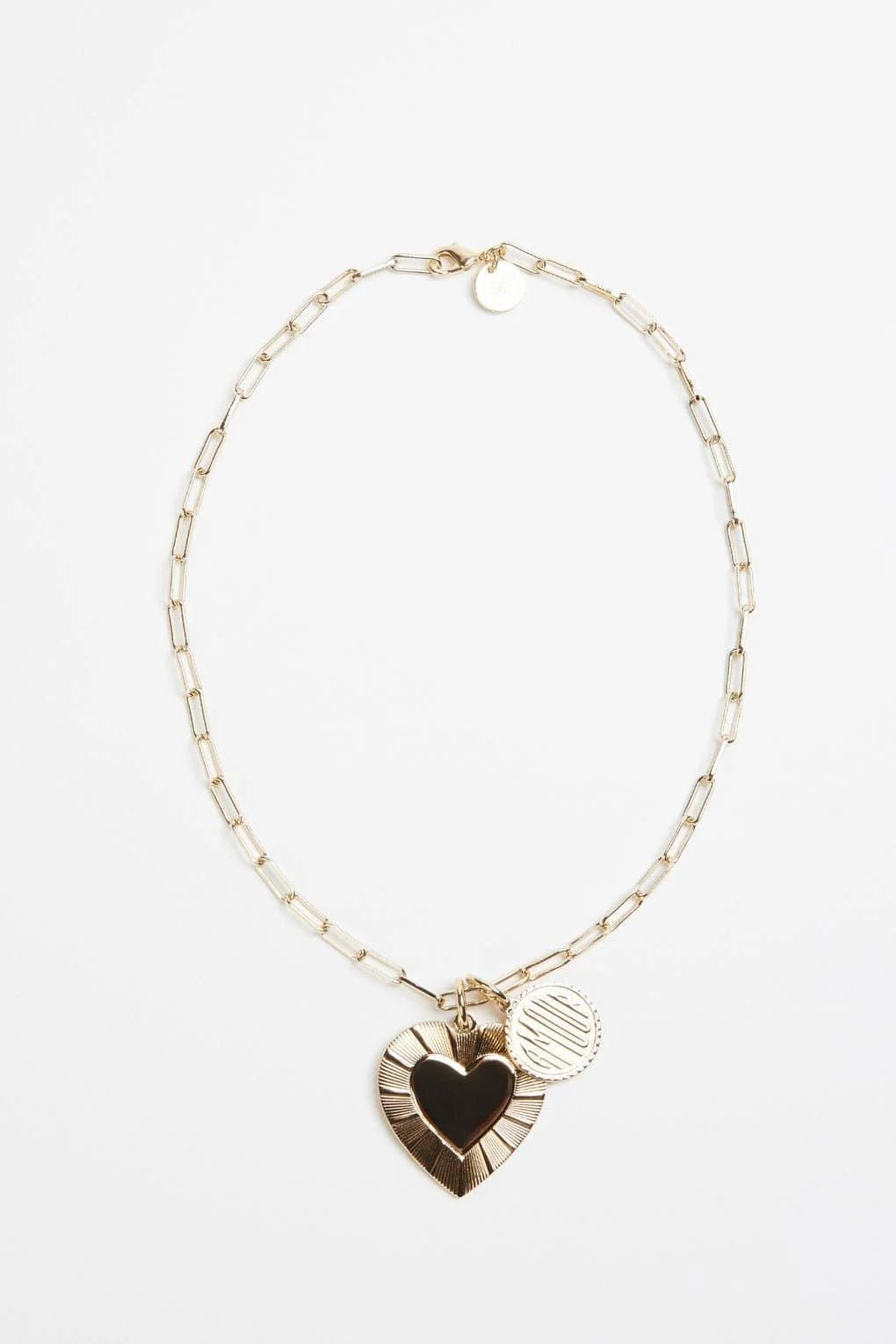 Anabelle Charm gold chain necklace with heart pendant reading amour, recycled brass plated