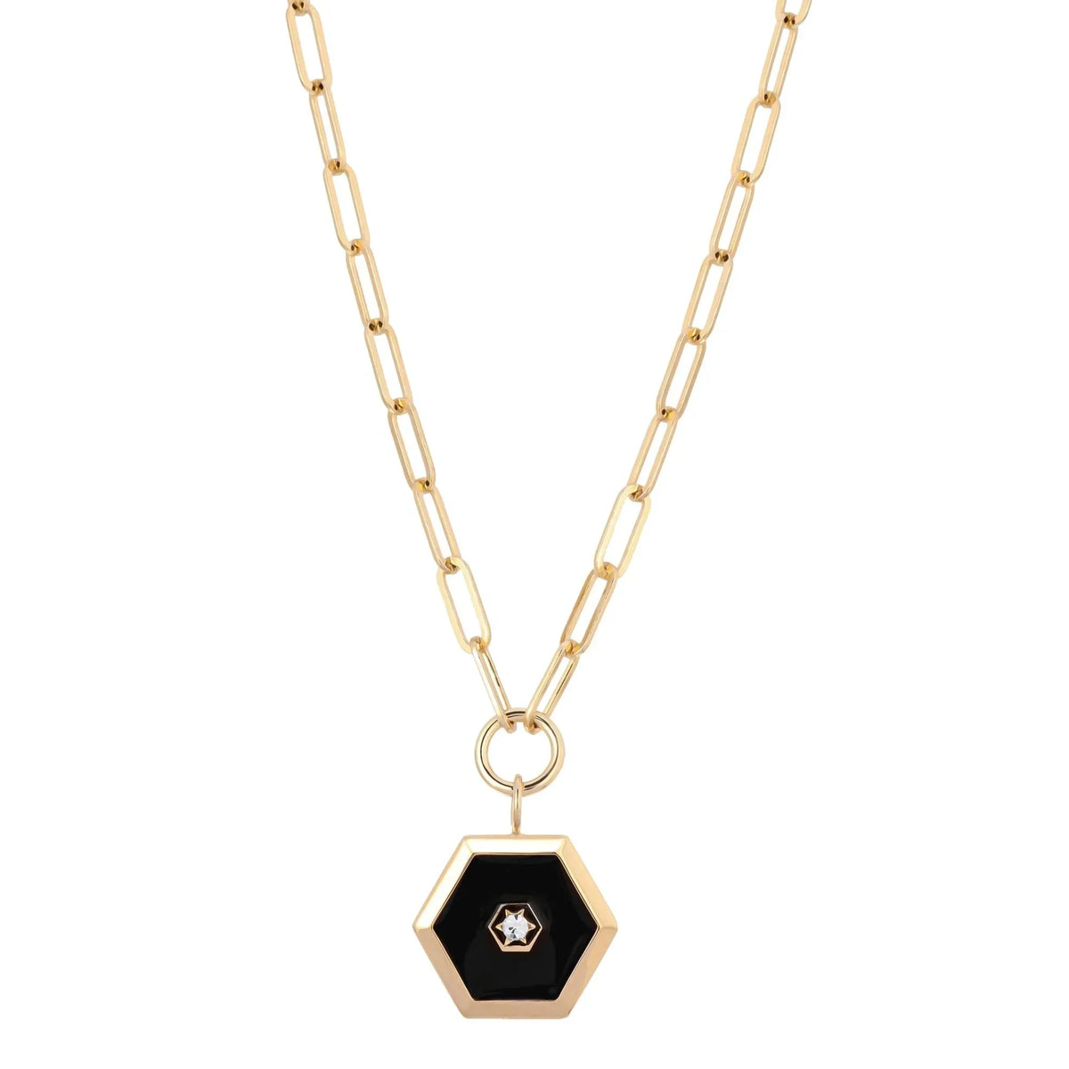 Ashley Enamel Pendant Necklace featuring a gold chain and black and gold hexagon pendant