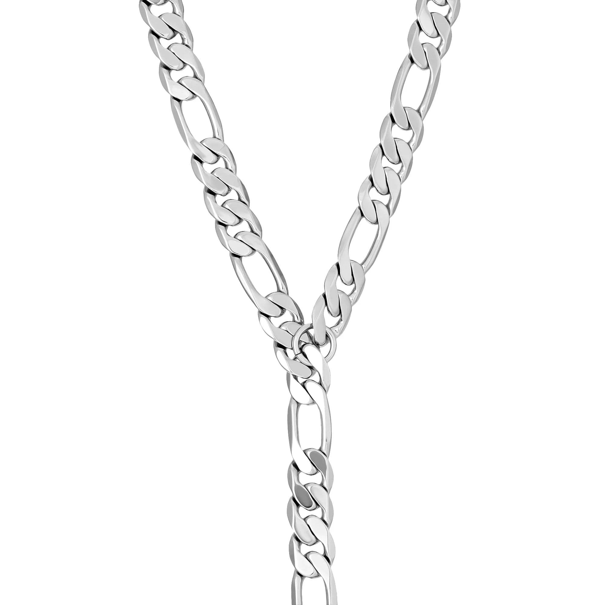 Silver Figaro chain on Axel Lariat Necklace made from recycled brass and rhodium-silver Y necklace