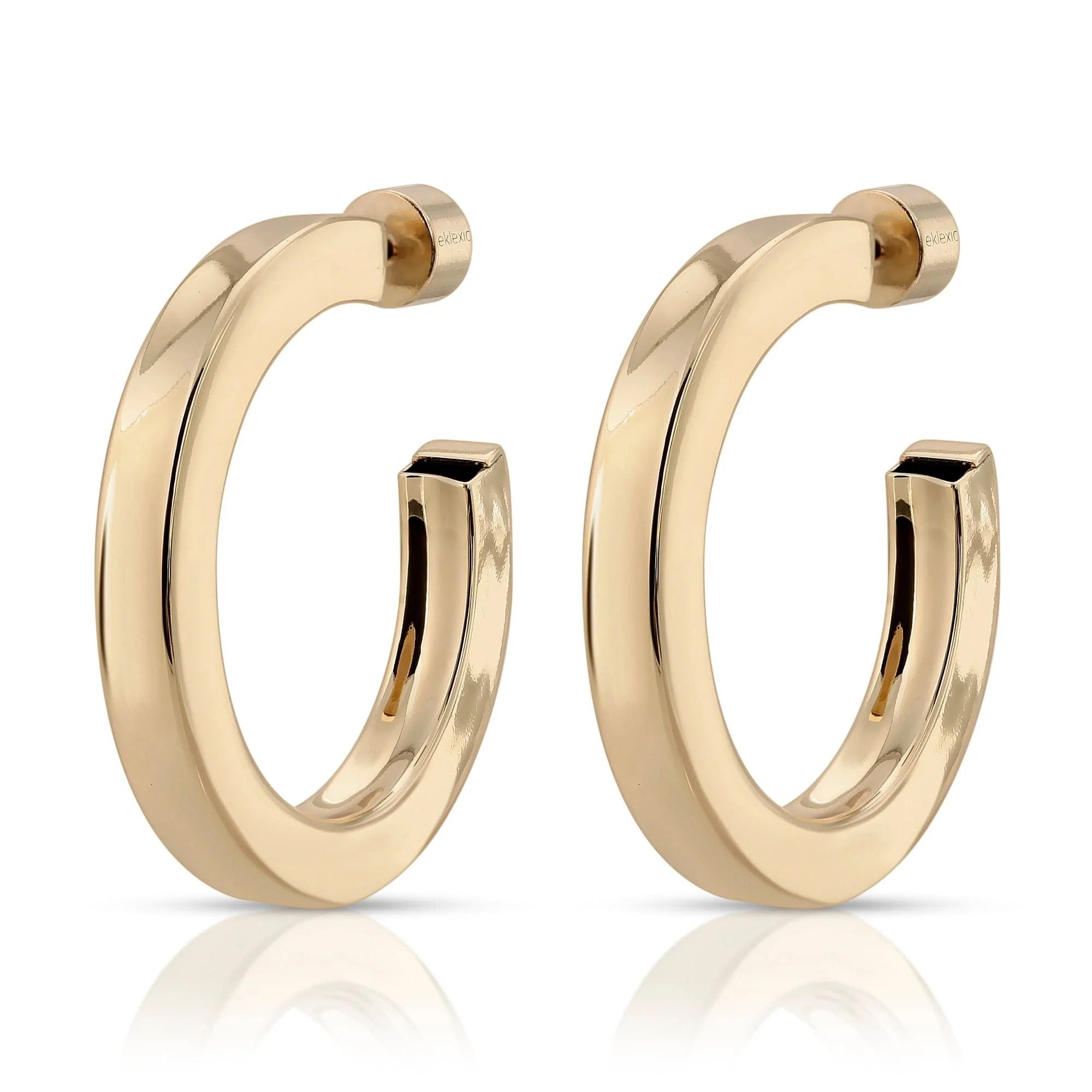 Gold hoop earrings with recycled brass square accents from Baby Alexis Hoops collection