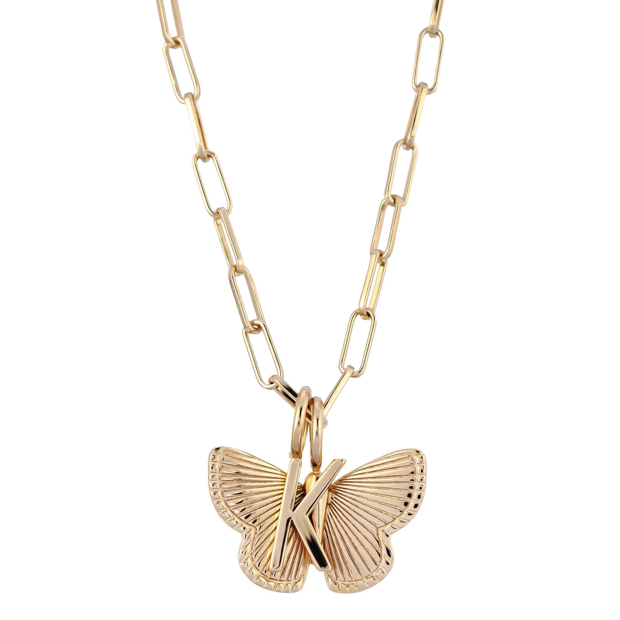 Gold chain necklace with butterfly K pendant in recycled brass plating Beatrix Charm Necklace