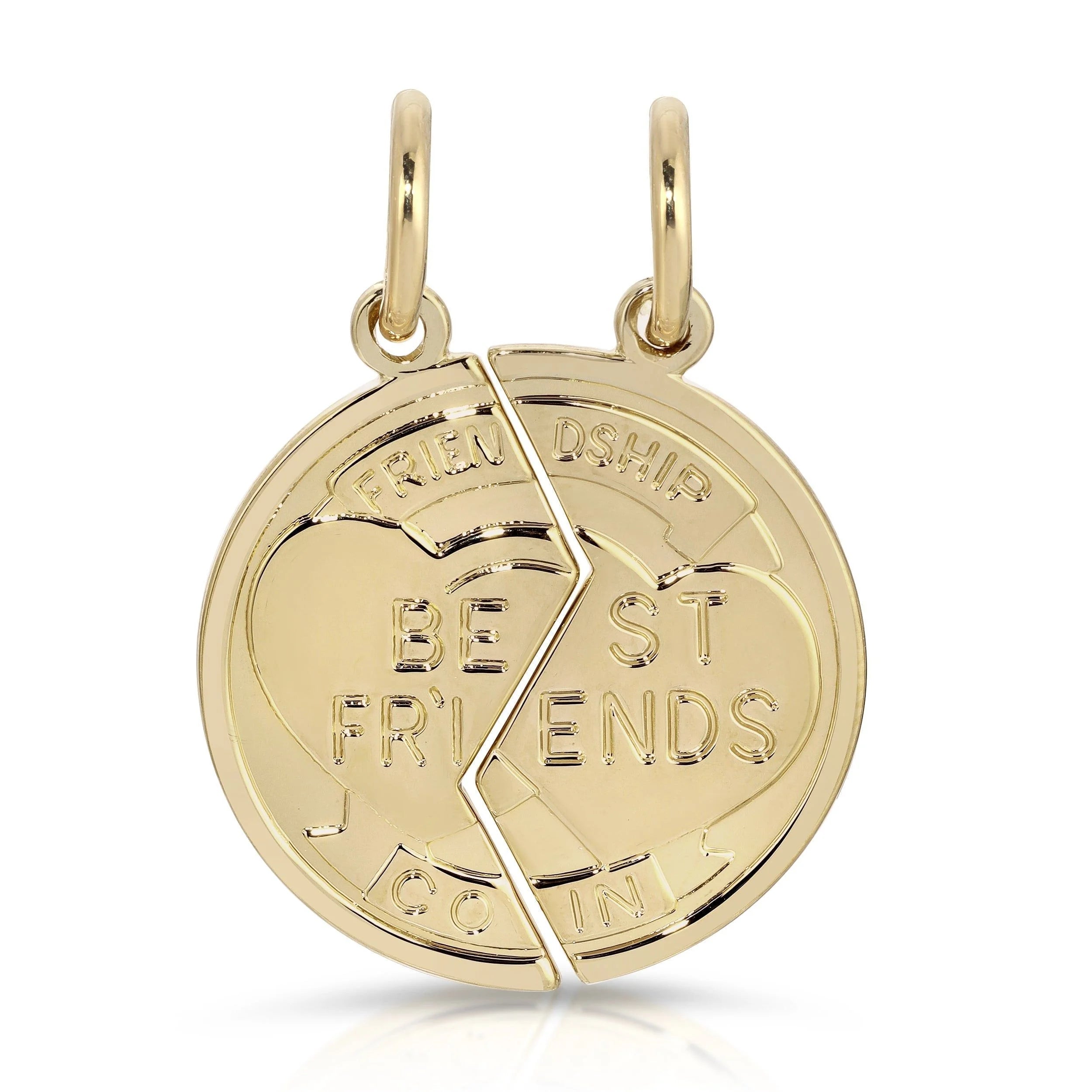 Gold best friends pendant shown in Best Friend Coin Pendants, featuring two separate friend coin pendants