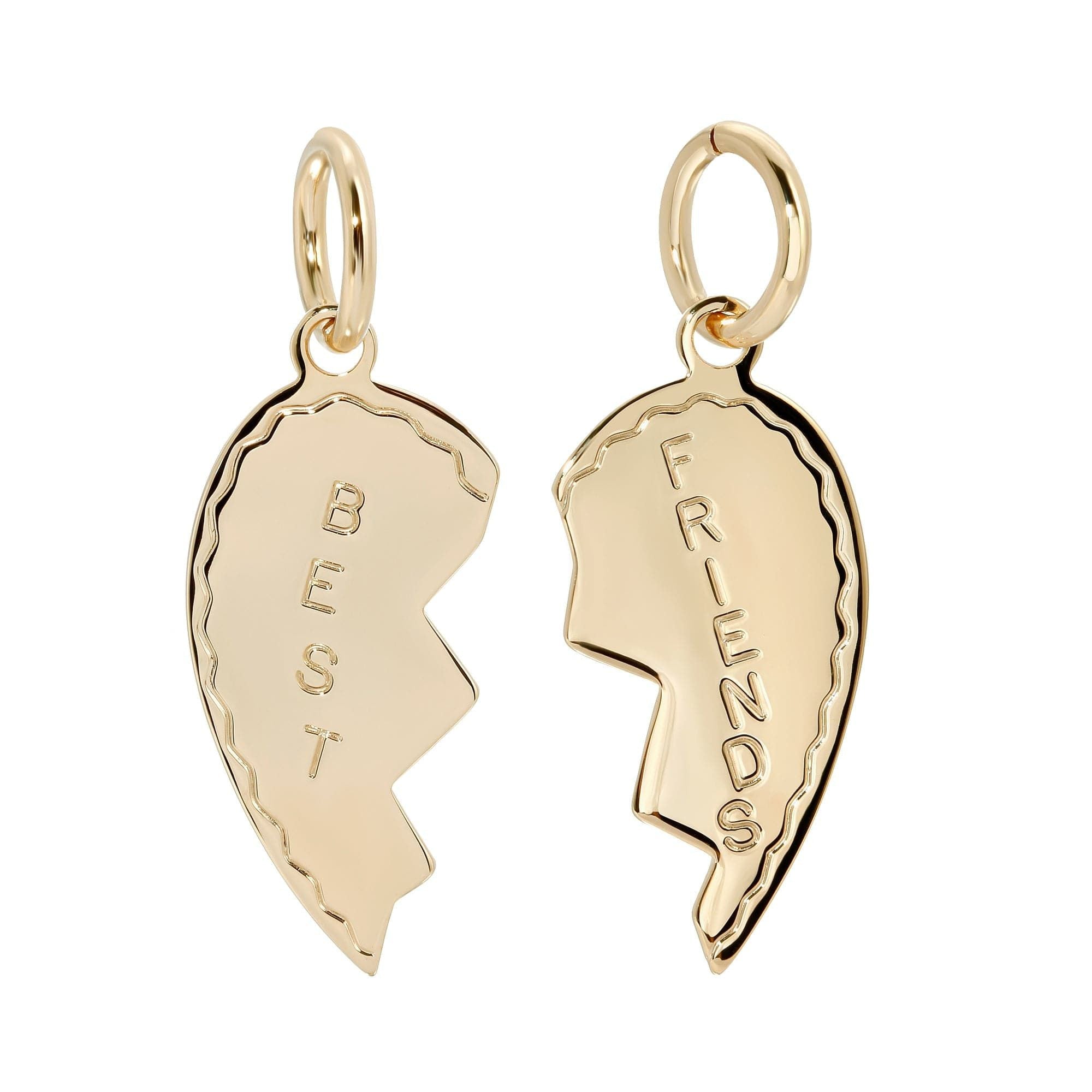 Two gold heart-shaped BFF Pendants made of recycled brass plated, chains sold separately