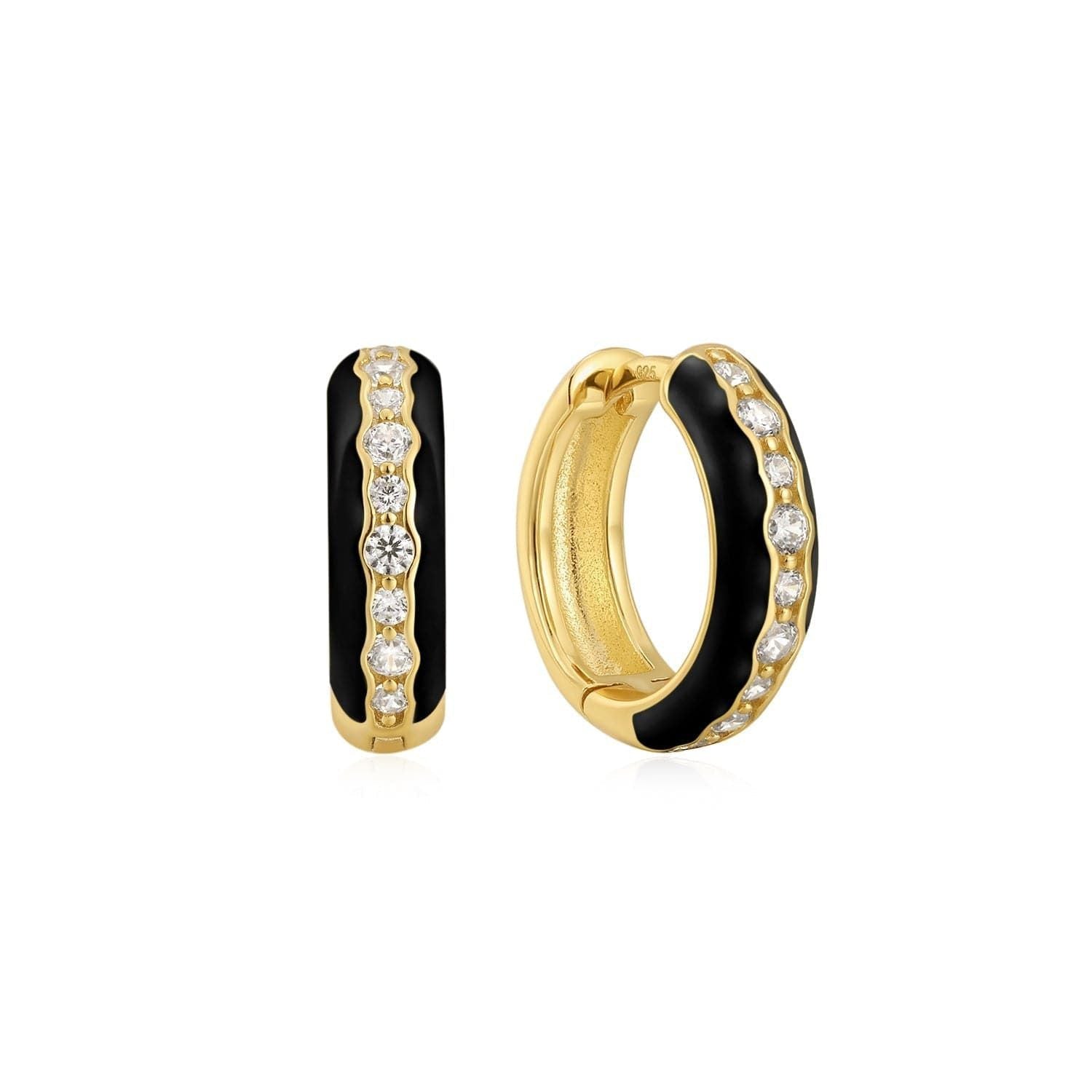 Gold Plated Hoop Earrings with Black Enamel and Diamonds in 14k Gold Vermeil design