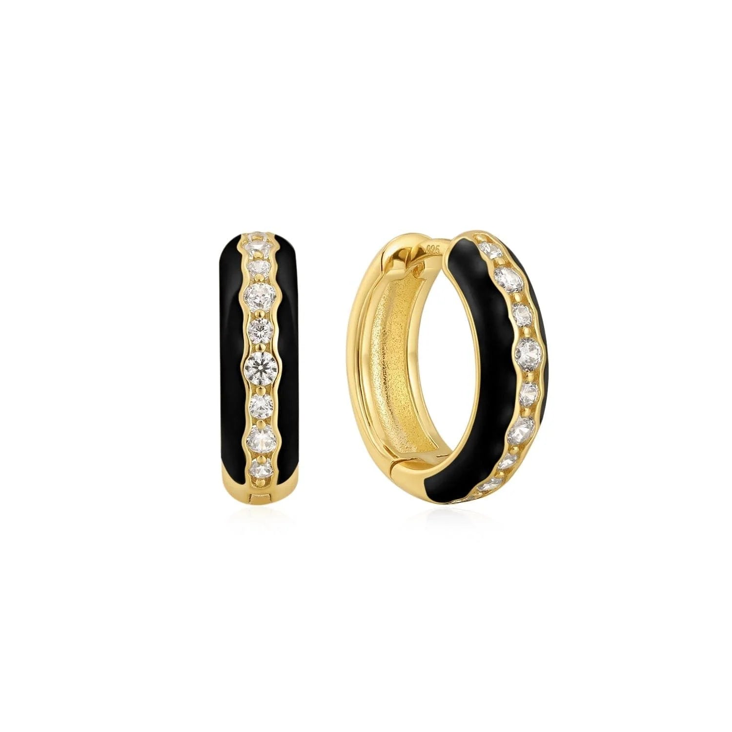 Gold hoop earrings with black enamel and diamonds in 14k gold vermeil style