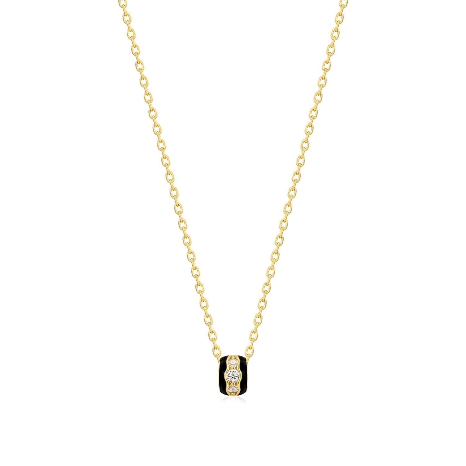 Gold Vermeil Necklace featuring Black Enamel and CZ Channel Rondelle Pendant