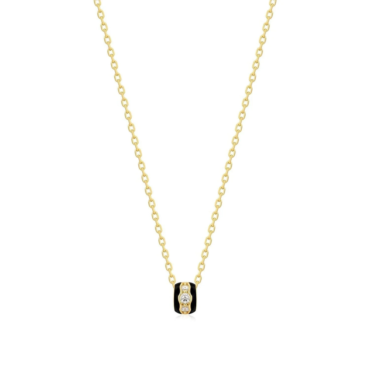 Gold chain necklace with black enamel and diamond pendant, called Black Enamel & CZ Channel Rondelle Necklace