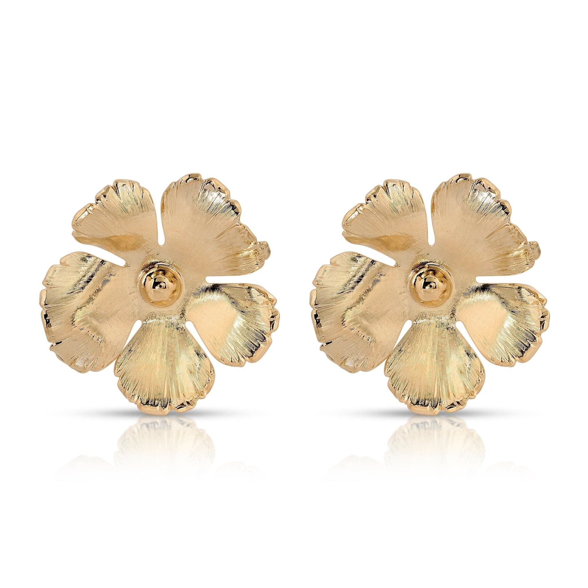 Pair of Bradley Earrings featuring gold flower design in recycled brass plated, hypoallergenic