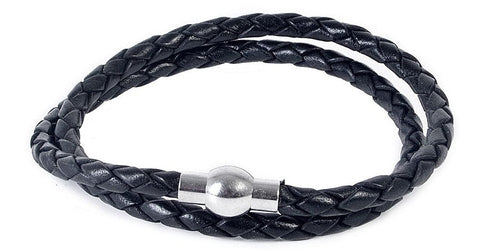 Braided black leather bracelet with silver clasp, a stylish men’s custom leather bracelet.
